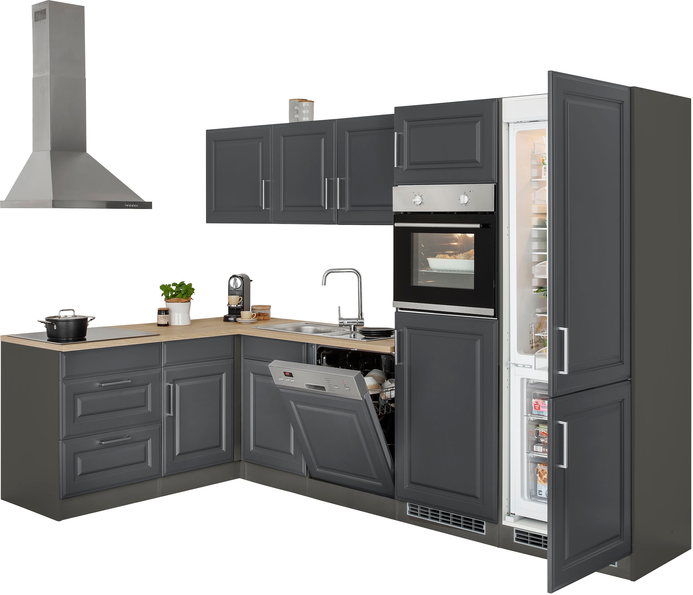 KOCHSTATION Winkelküche »KS-Stockholm – Küche mit hochwertiger und detailreicher Landhausfront« Stellbreite 290x170 cm, wahlweise mit E-Geräten, MDF-Fronten