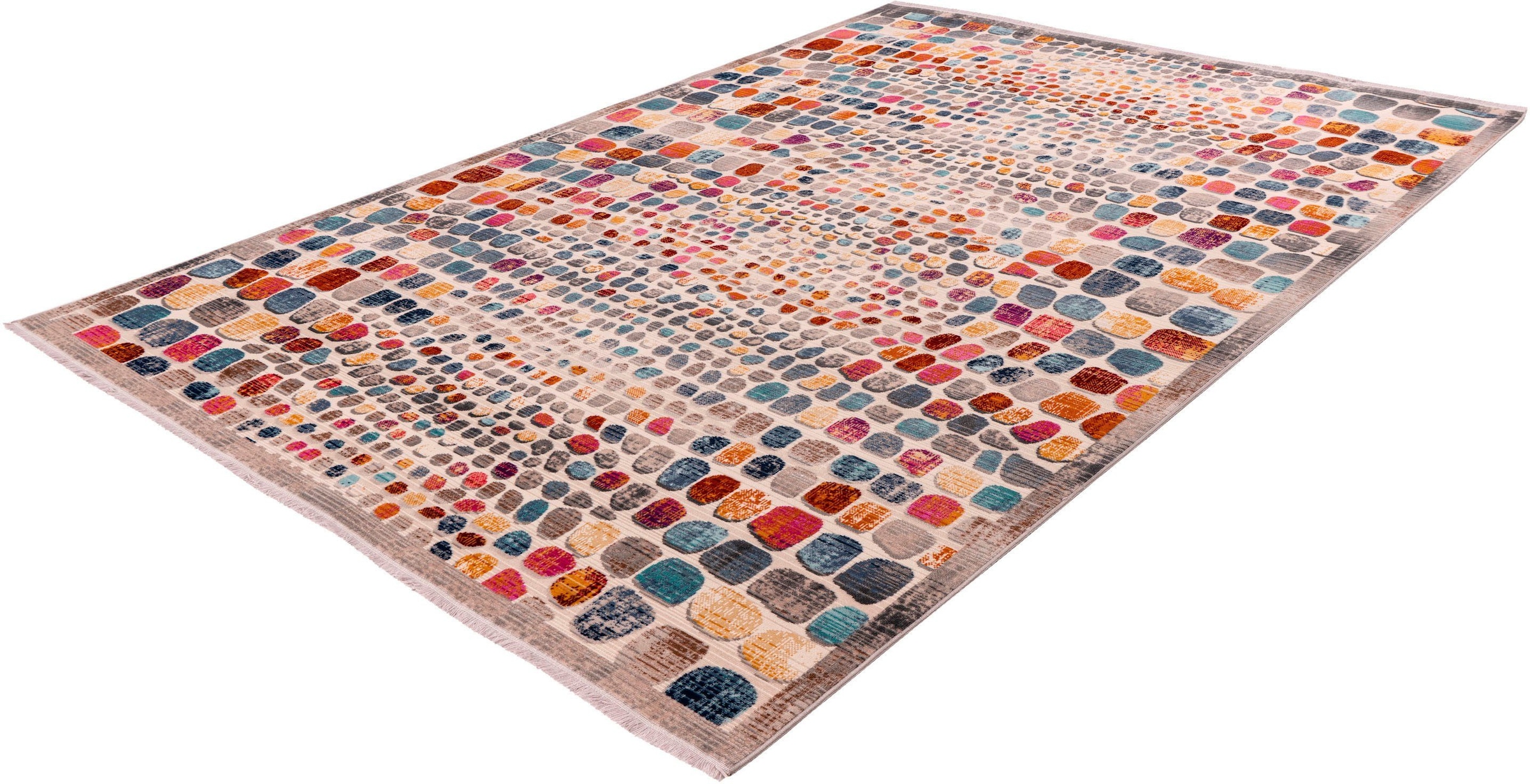 Home affaire Teppich »Benji«, rechteckig, 5 mm Höhe, farbenfrohes Mosaik-Muster, Kurzflor, mit Fransen