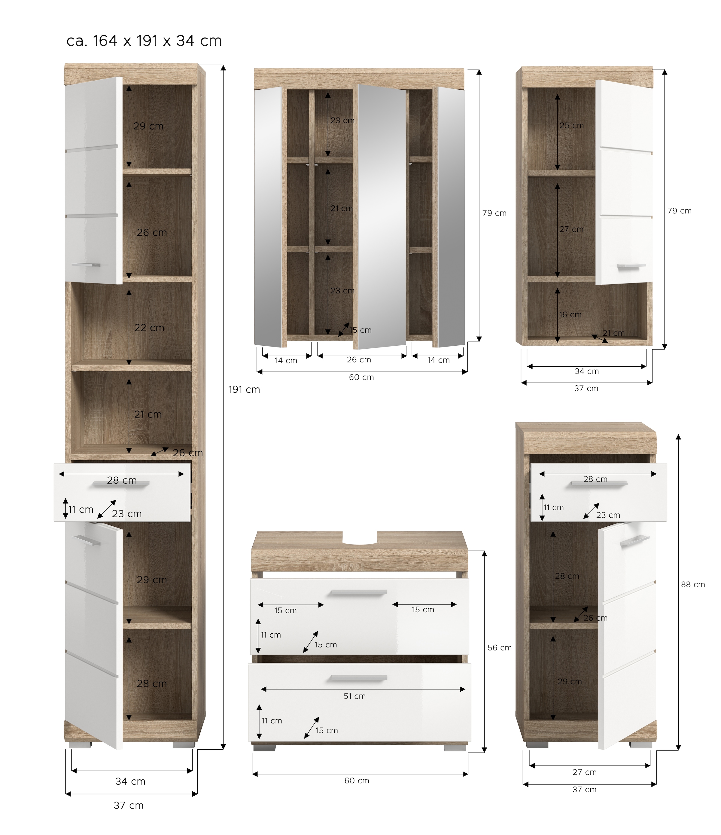 INOSIGN Badmöbel-Set »Siena, 5 teilig, bestehend aus:«, (Set), Hochschrank, WBU, Spiegelschrank, Unterschrank, Hängeschrank