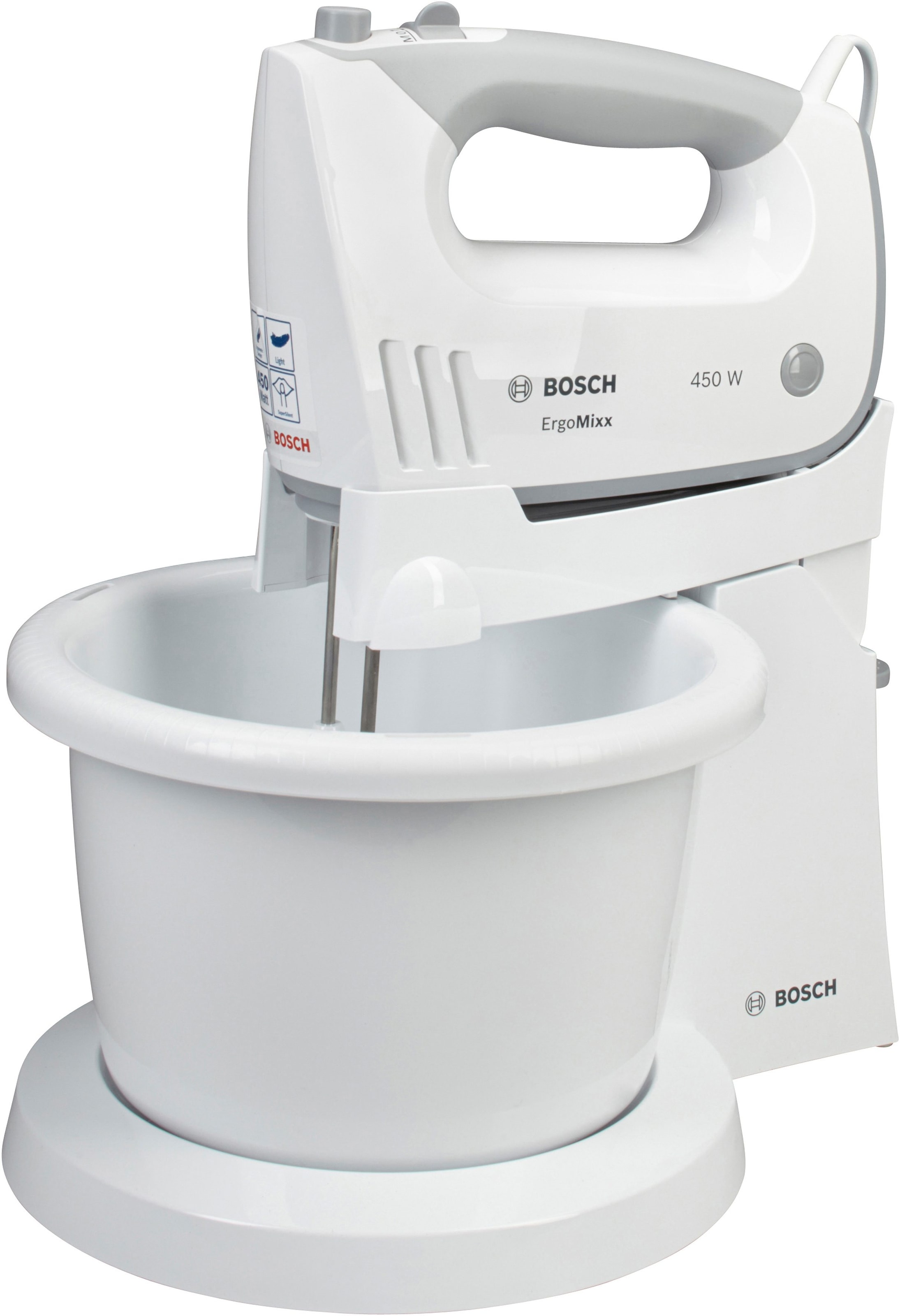 BOSCH Handmixer »ErgoMixx MFQ36460, Edelst. Besen/Knethaken, Ständer, Schüssel, weiß«, 450 W, 5 Stufen, ergon. Soft-Touch-Griff, Made in Europe