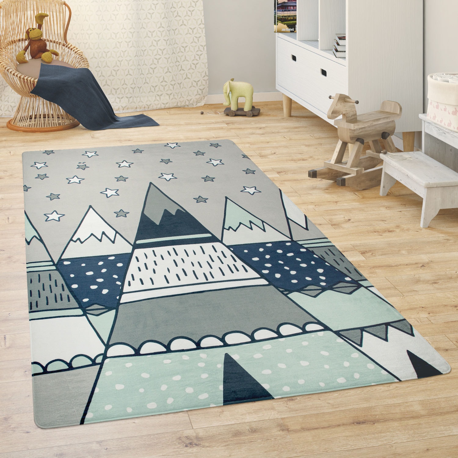 Paco Home Kinderteppich »Chicos 553«, rechteckig, 2 mm Höhe, Flachgewebe, Motiv Berge & Sterne, Kinderzimmer