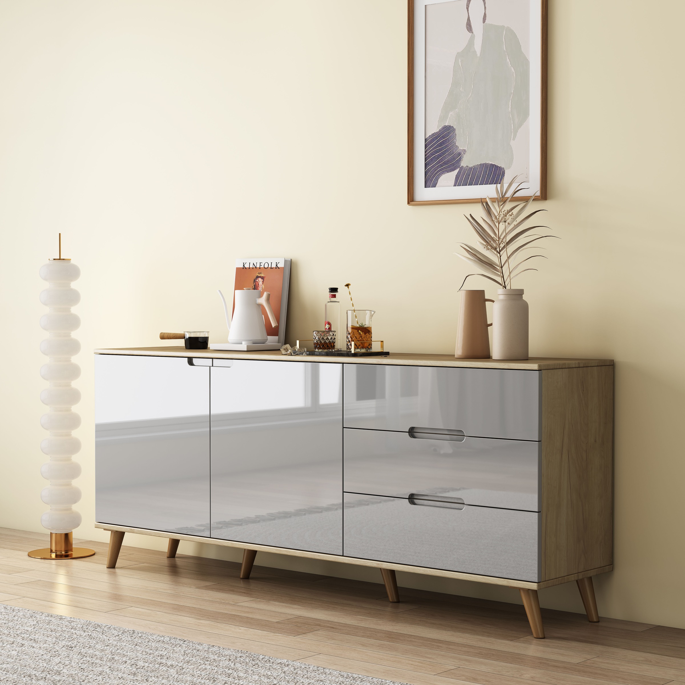 OTTO home Sideboard »Lund« mit glänzenden Fronten, Griffmulden, helles Holzdekor, Breite 180 cm