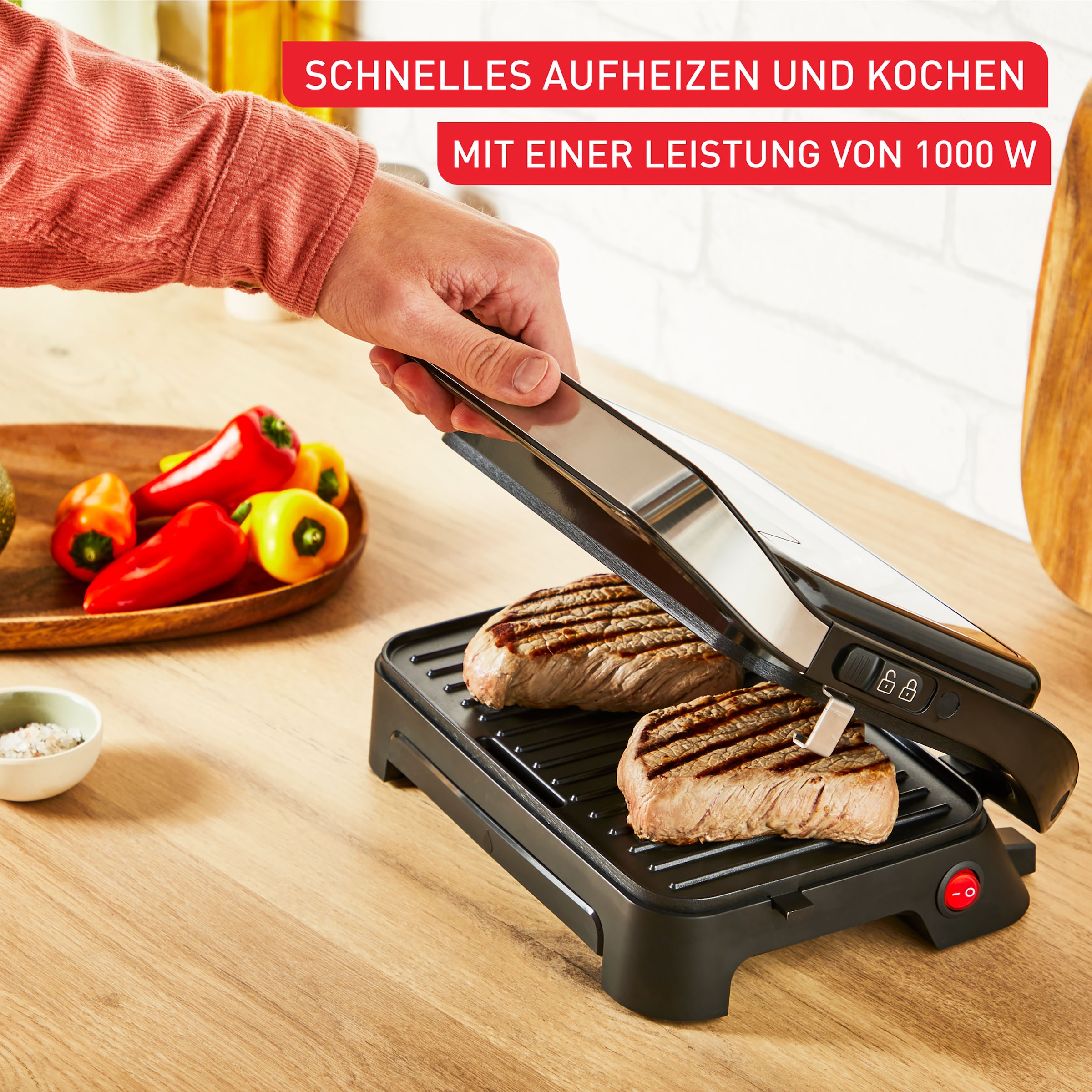 Tefal Kontaktgrill »GC270D Inicio Compact«, 1000 W, besonders kompakt, 2-in-1 Panini/Grill, Edelstahlgehäuse
