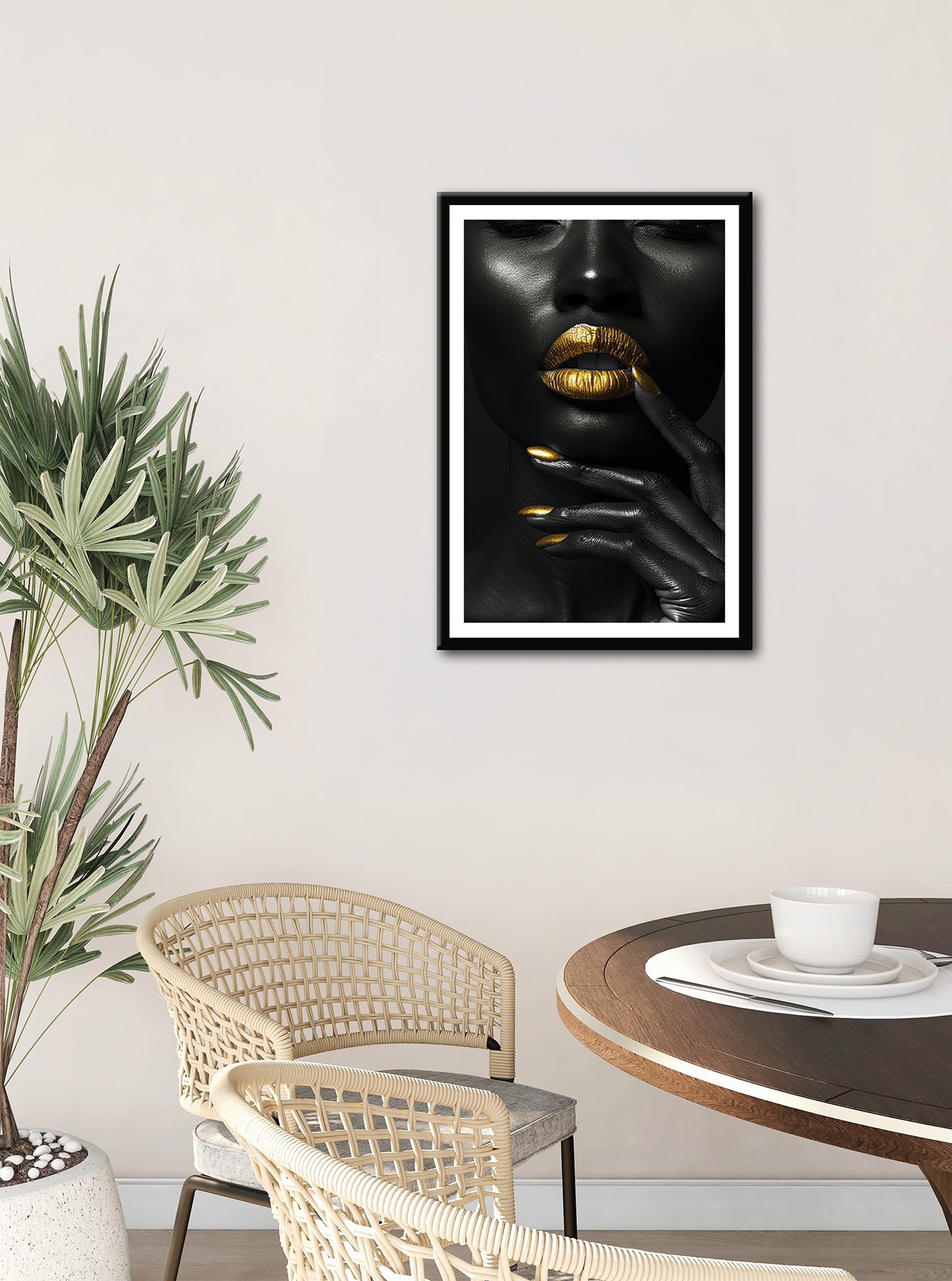 Bönninghoff Bild mit Rahmen »Wandbild gerahmt FRAU SCHWARZ WEISS GOLD 50x70 cm – Modernes Glamour« Fashion | Frau | Gesicht | Kunst | Modern | Porträts 1 Stk. tlg. mit dekorativem Rahmen