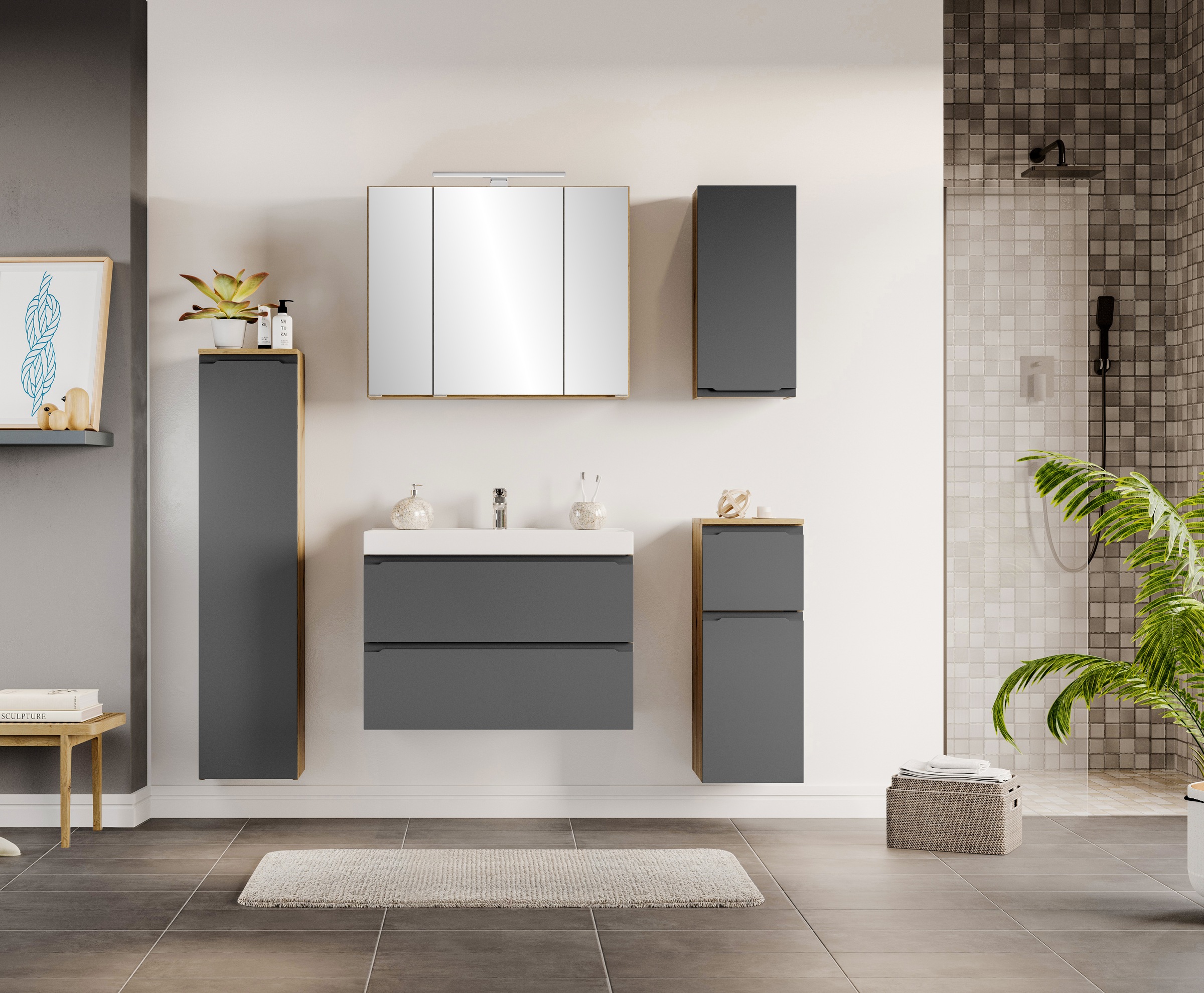 welltime Midischrank »CABO, gedämpfte Scharniere« matt grau, griffloses Design, reversibel