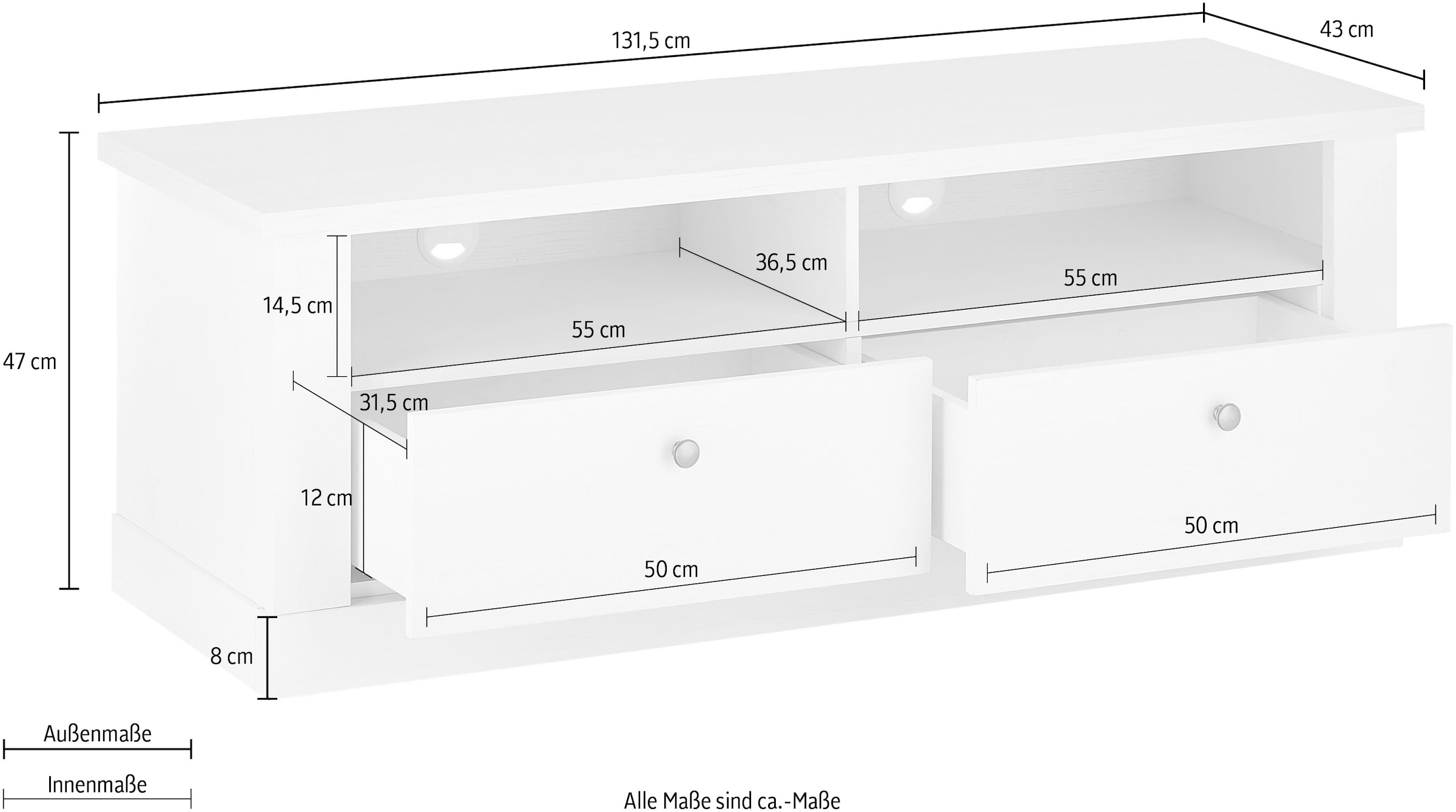 Home affaire Lowboard »RAVENNA« im romantischen Landhausstil, Griffe aus Metall, Breite 132 cm