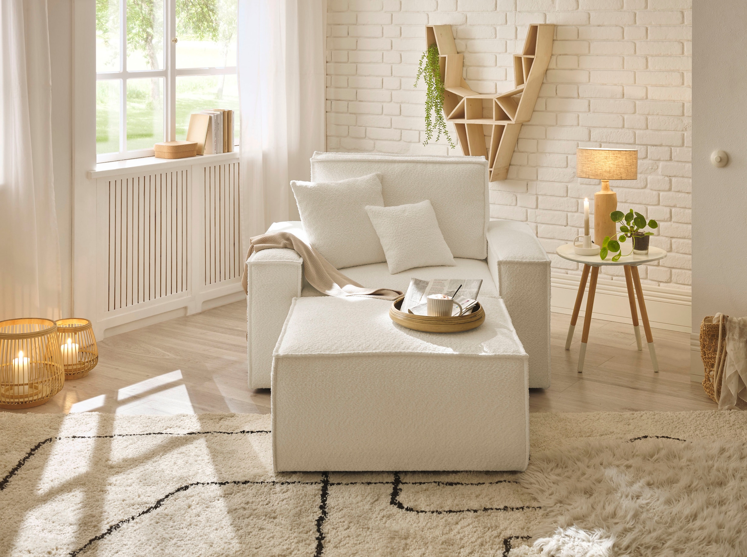 OTTO home Loveseat »FINNLEY Bouclé, Loveseat & Hocker im Set, inkl. Zierkissen« 2 Stk. tlg. verfügbar in den Stoffqualitäten Bouclé, Struktur fein und Mega Cord