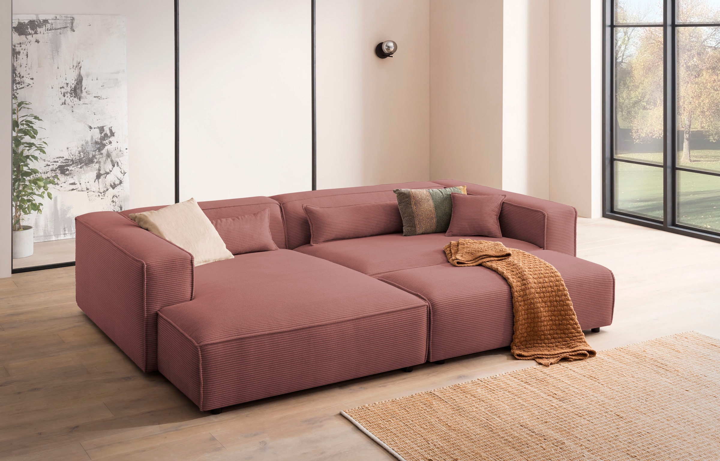 LeGer Home by Lena Gercke Polsterecke »PIARA XXL, L-Form mit Schlaffunktion, Big-Sofa in Cord o. Leinenoptik«, Hocker stellbar zum Schlafsofa (Krokodilverbinder), tiefe Sitzfläche