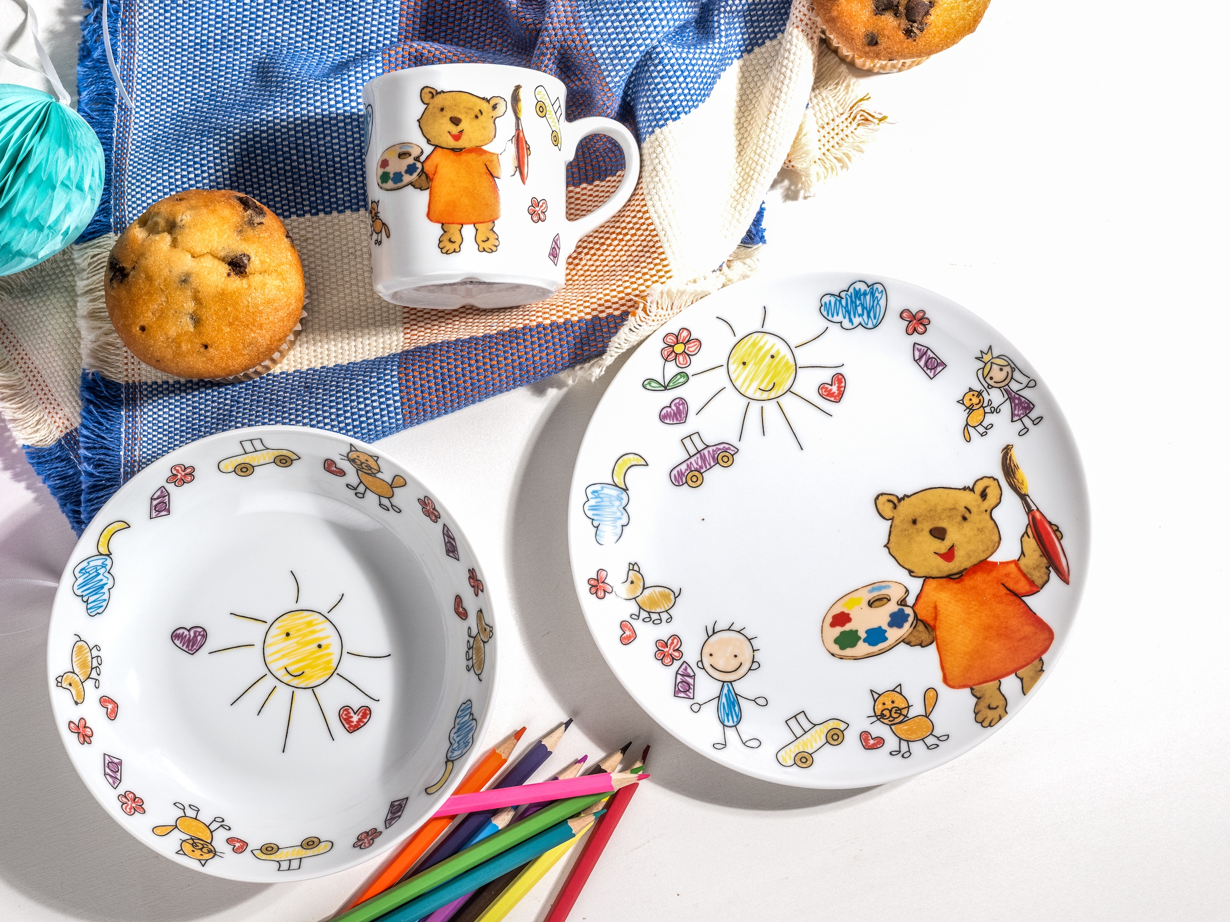 CreaTable Kindergeschirr-Set »Teddy«, (Set, 3 tlg., 1 Kinderteller, 1 Kinderbecher, 1 Kinderschale im Set), Made in Europe, 3 Teile, für 1 Person