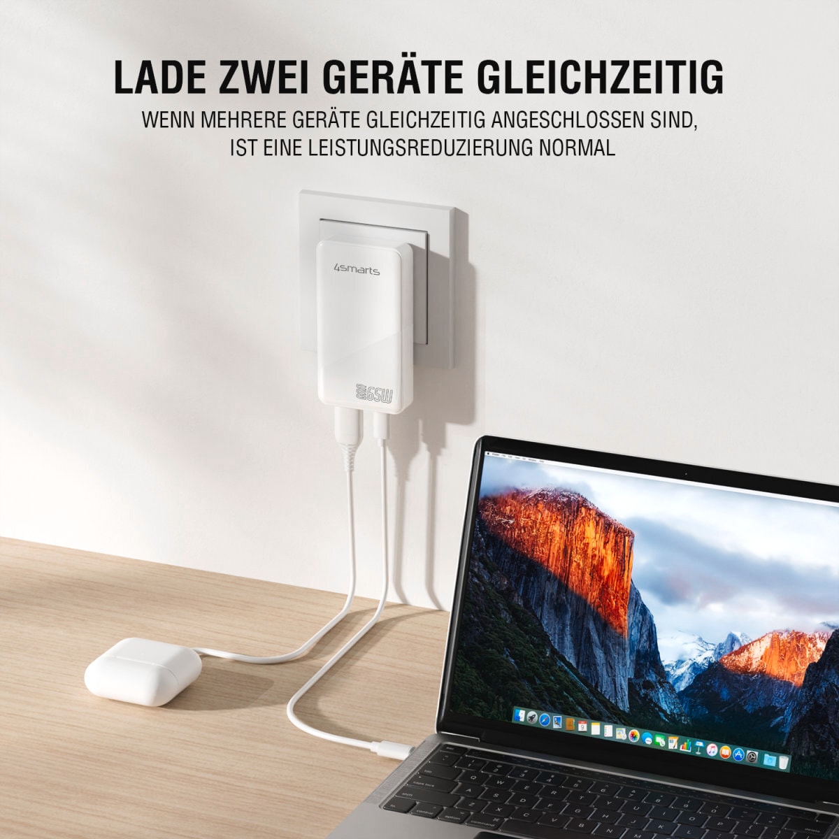 4smarts Universal-Ladegerät »FlatPlug Duos Netzladegerät 65W GaN 1x USB-C+1x USB-A«, (1 St.)