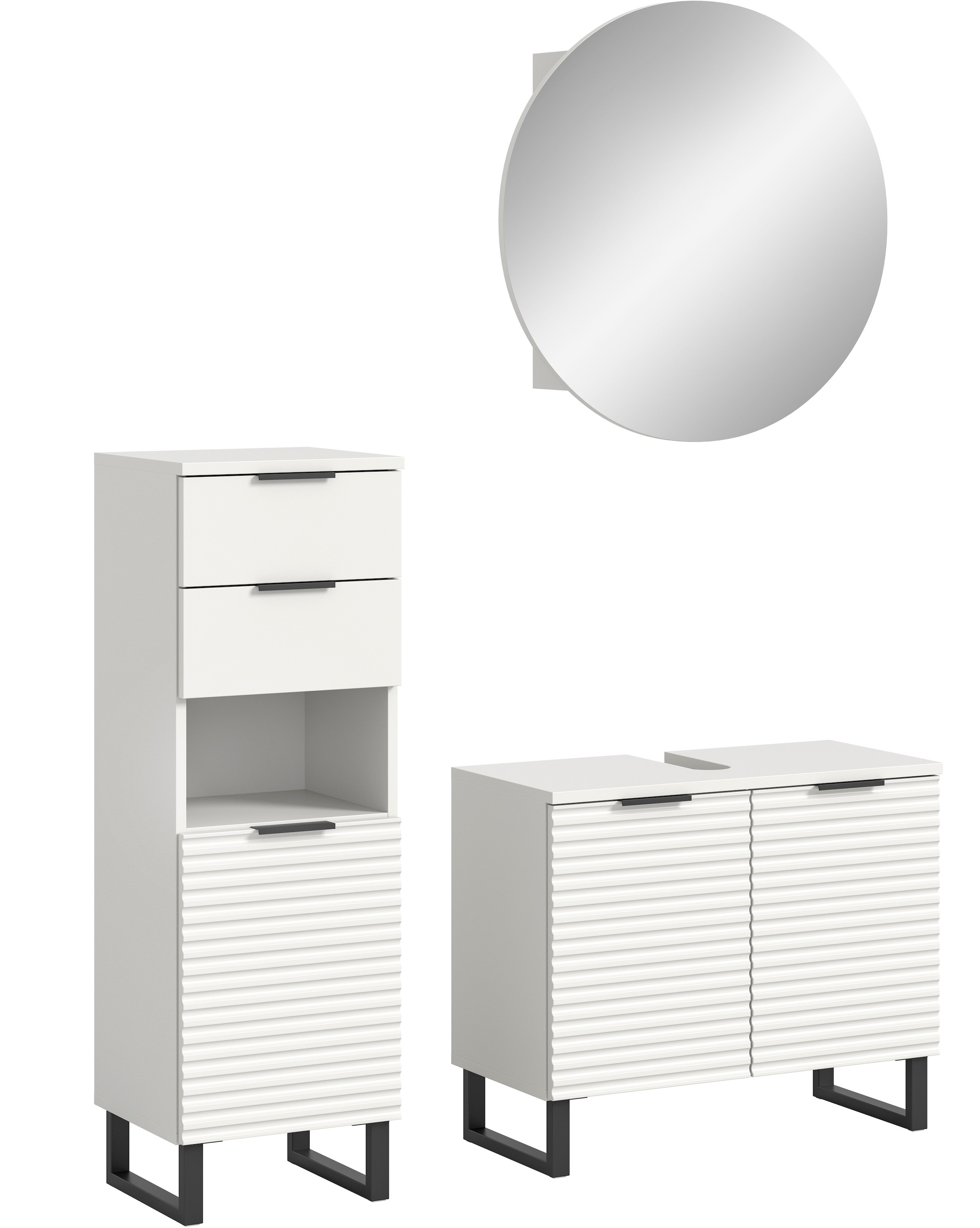 welltime Badmöbel-Set »Litica, Breite 120 cm, hochwertige Rillenfräsung, Metallkufen«, (3 St.), best. aus.: Unterschrank, Waschbeckenunterschrank, Spiegelschrank