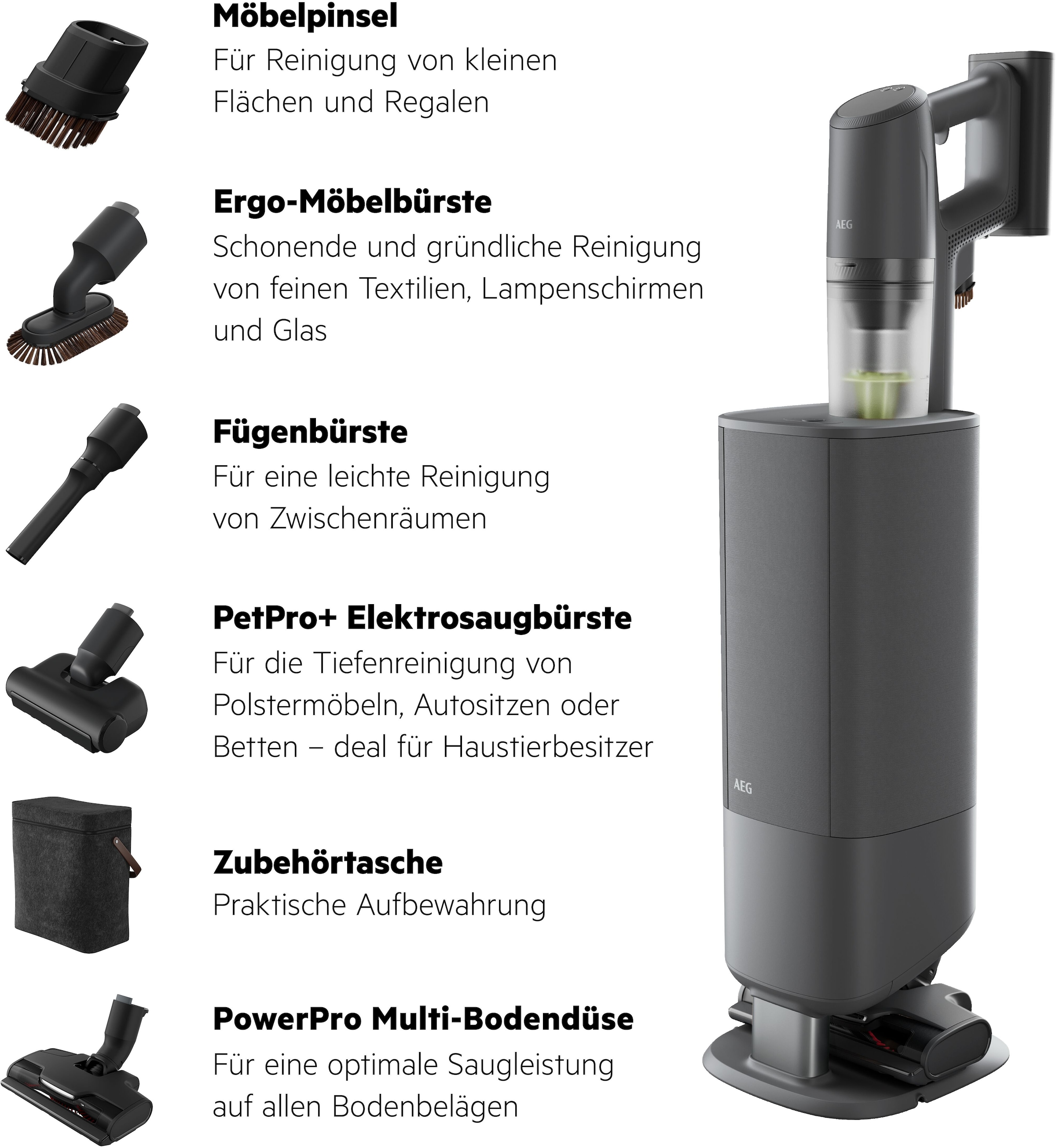 AEG Akku-Hand-und Stielstaubsauger »ULTIMATE 8000 (AP83AB25DG), beutellos, mit Absaugstation«, Hygienische Absaugung des Staubbehälters ohne Kontakt mit Schmutz