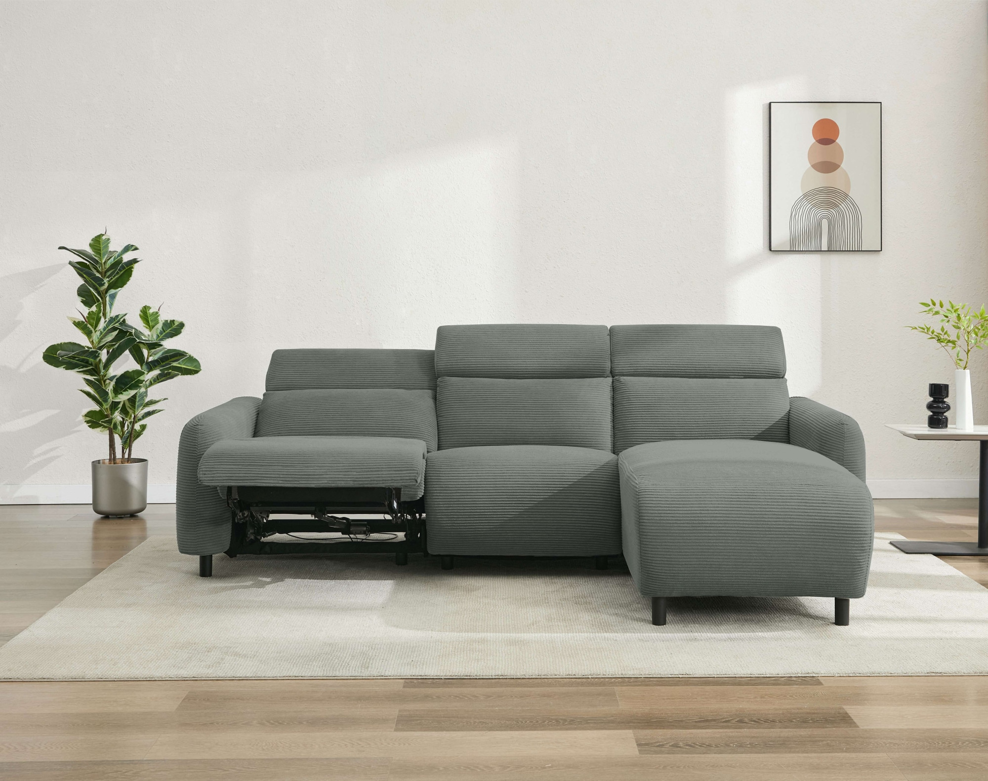 Home affaire Ecksofa »SKAANE in Cord, L-Form, 274 cm, manuelle u. elektrische Funktion,«, rundes Design, Kopfteilverstellung, Federkernpolsterung