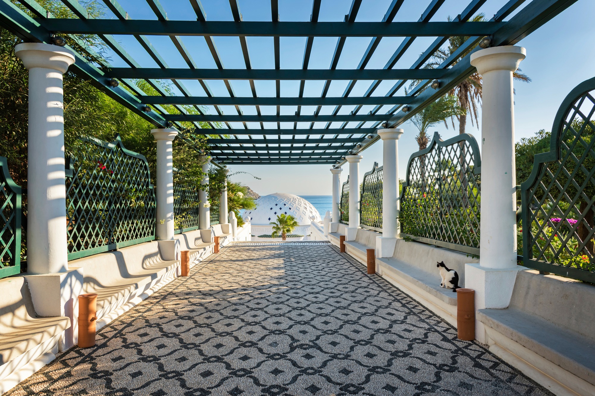 Fototapete »PERGOLA-RHODOS BLUMEN SEE MEER TERRASSE PALMEN DÜNEN«