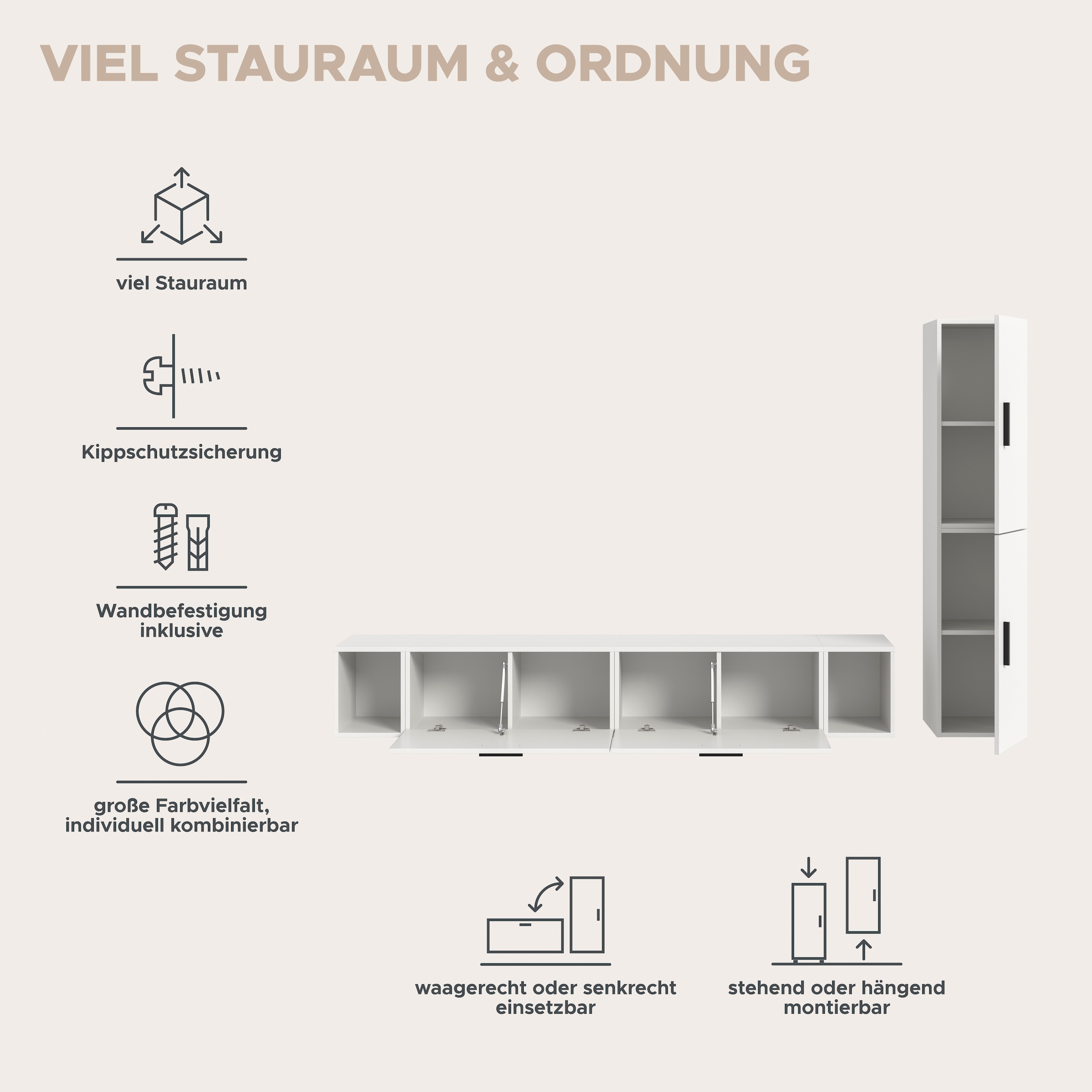 Home affaire Schrank-Set »ENESTE, 6-teilig, in verschiedenen Farben, individuell kombinierbar« verschiedenste Kombinationmöglichkeiten, stehend oder hängend, 2 Stk. tlg.
