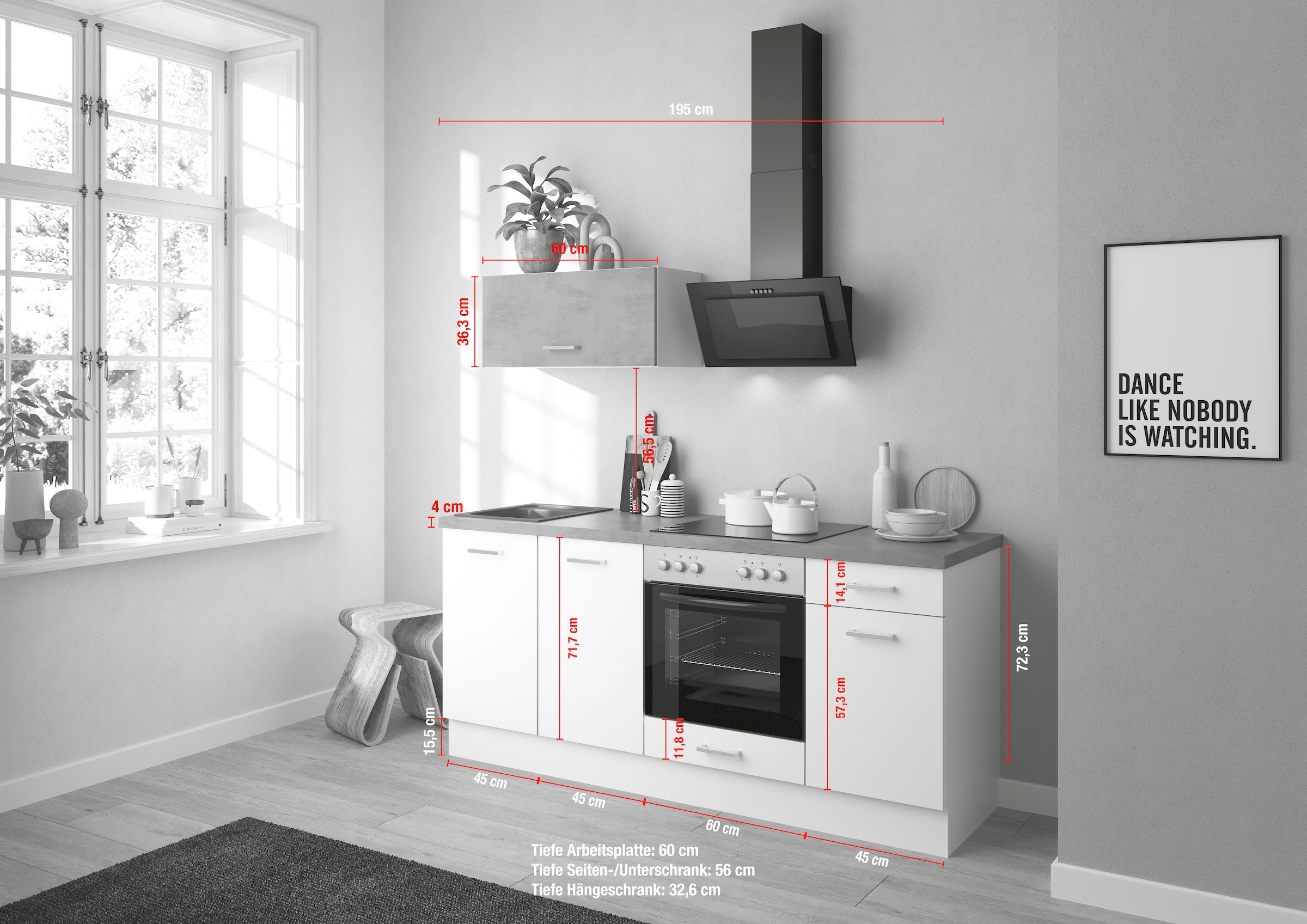 IMPULS KÜCHEN Küchenzeile »"Lissabon", Ausrichtung wählbar, Schubkästen mit Soft-Close,«, (Set), vormontiert, wahlweise mit E-Geräten, mit Vollauszug, Breite 195 cm