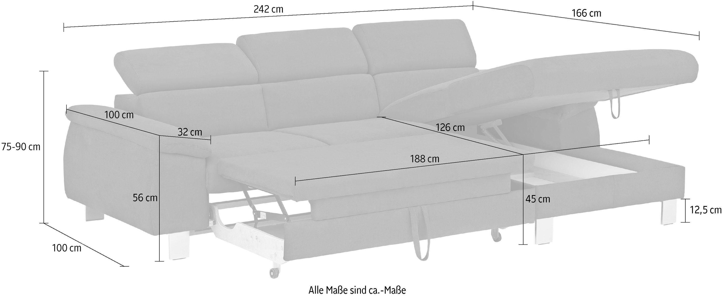 COTTA Polstergarnitur »Komaris L-Form, B: 242 bzw. 100 cm (Set: Ecksofa & Hocker)«, (Set), mit Kopfteilverstellung, optional Bettfunktion, Bettkasten & Licht