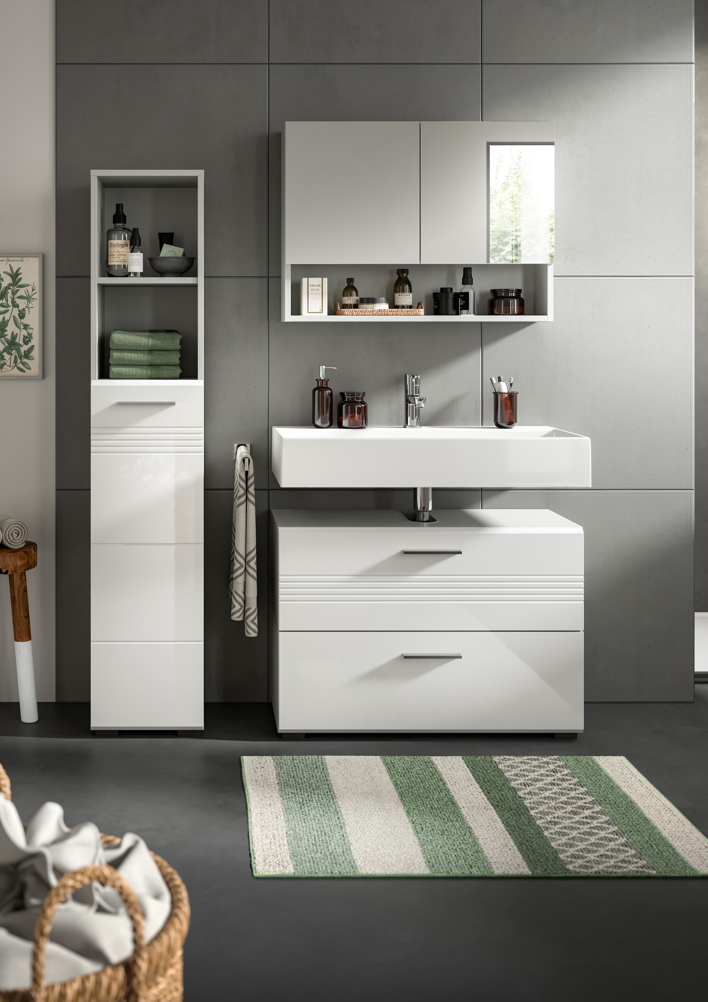 welltime Badmöbel-Set »Calicio, bestehend aus:Waschbeckenunterschrank,Hoch-und Spiegelschrank«, (3 St.), Spiegelschrank, hochwertige MDF Front mit Rillenfräsung