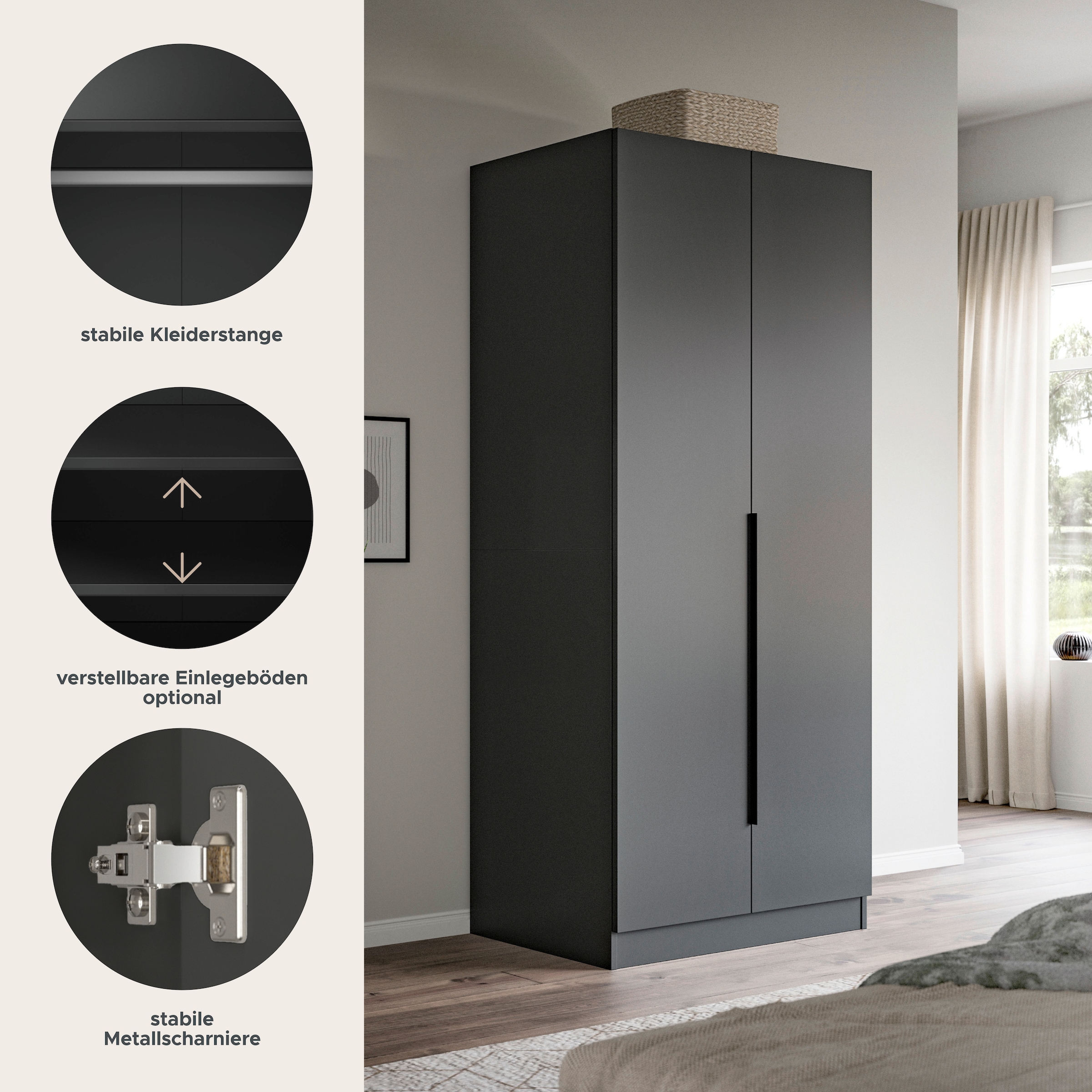 Home affaire Kleiderschrank »Skarde Schlafzimmerschrank, Garderobe, Schrank« Otto Bestseller Garderobe Schlafzimmerschrank,  Breite: 80 cm, anthrazit, Kleiderstange