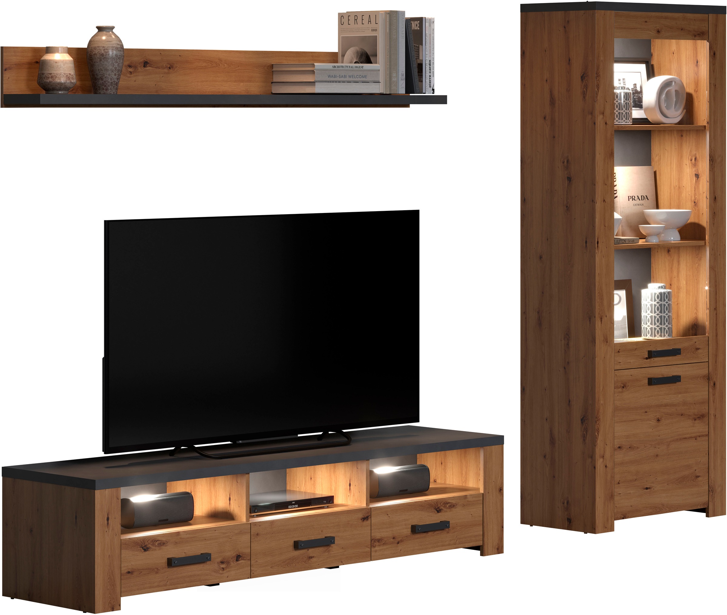 Home affaire TV-Wand »Ambres«, (3 St.), Kleines, modernes TV-SET, Echtholzoptik, Breite ca. 268 cm, matt