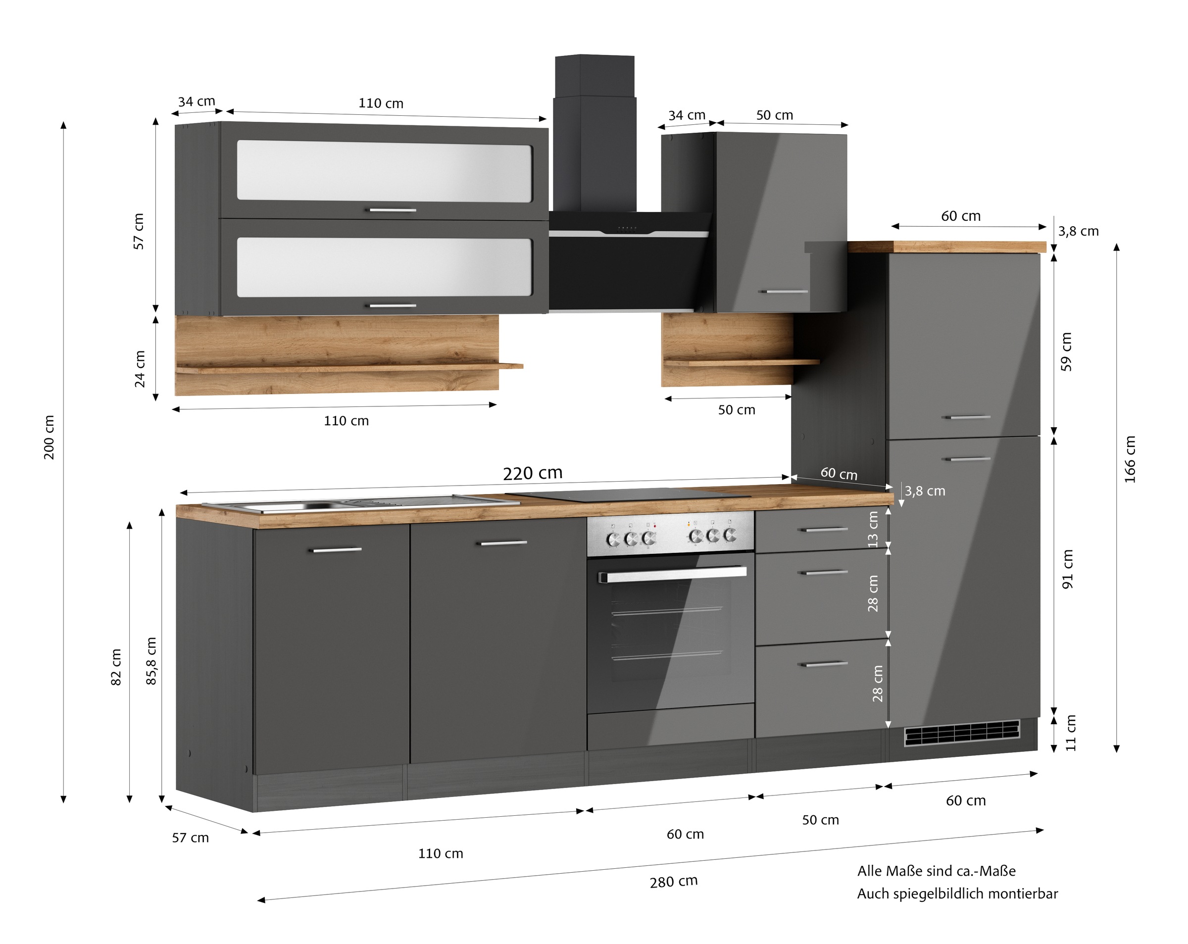 KOCHSTATION Küchenzeile »KS-Milan«, 280 cm breit, robuste Metallauszüge, viel Stauraum