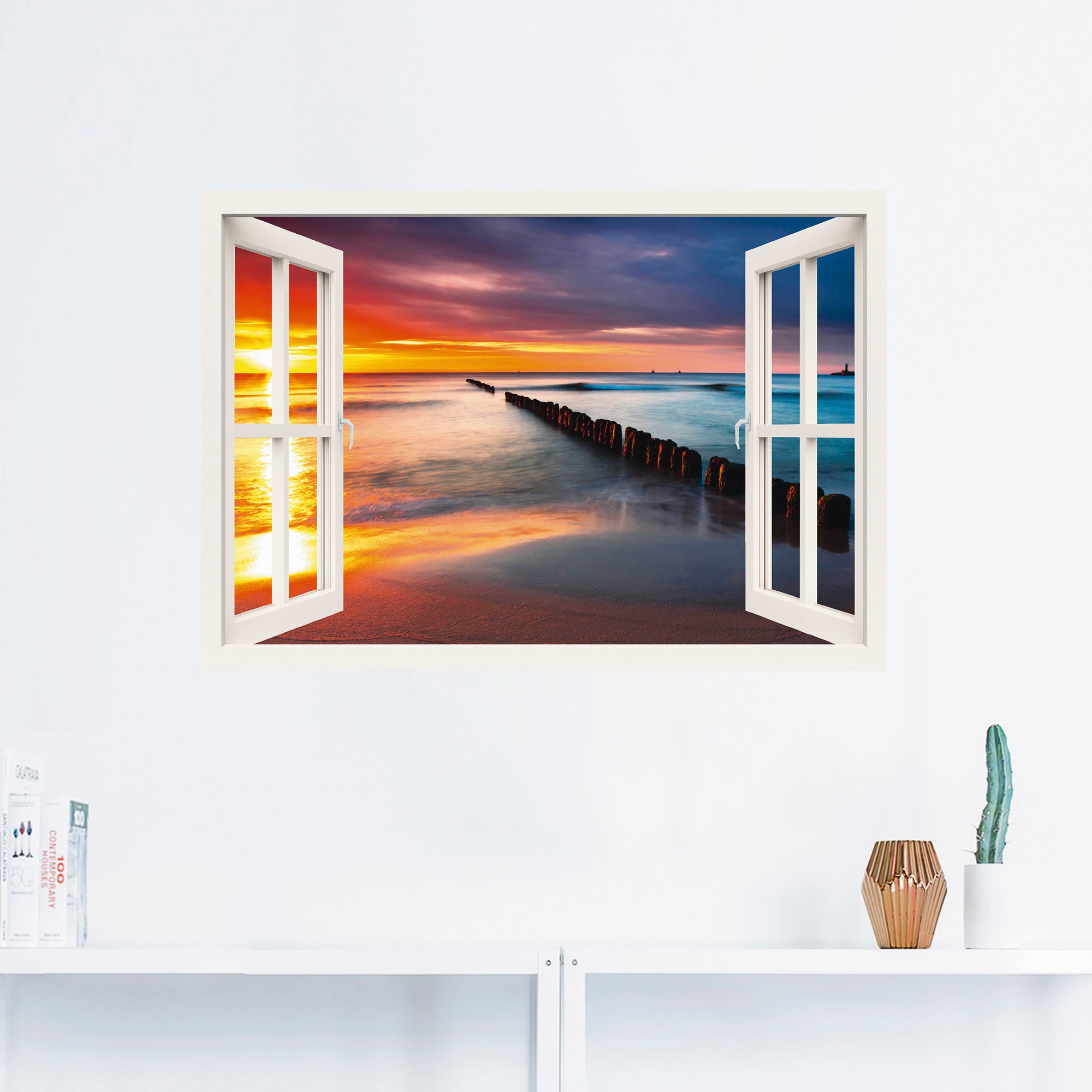 Artland Wandbild »Fensterblick Ostsee mit Sonnenaufgang«, Fensterblick, (1 St.), als Leinwandbild, Wandaufkleber oder Poster in versch. Größen