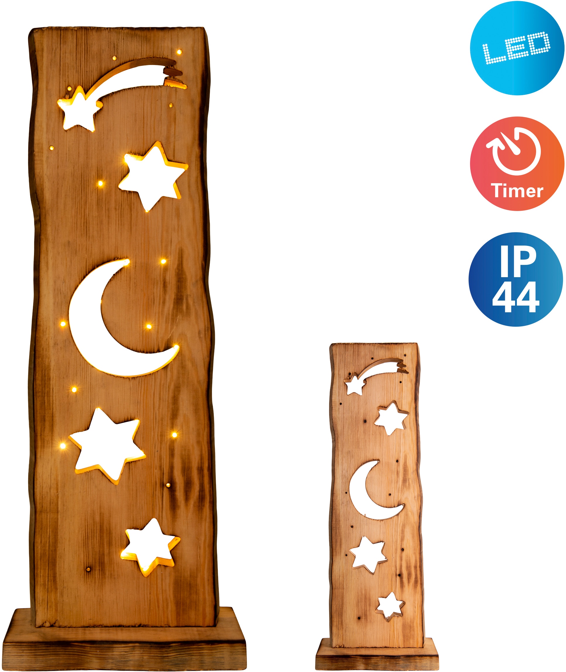 näve LED Dekoobjekt »Light Moon/Stars«, 1 flammig-flammig, Für Aussenbereich geeignet, incl. Timer (6h an und 18h aus), aus Holz