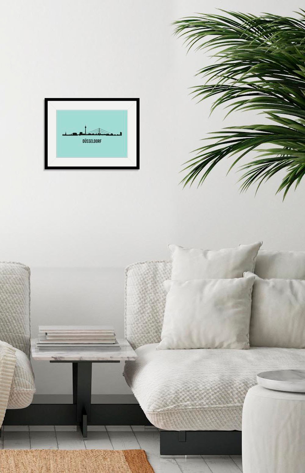 queence Bild »Düsseldorf Skyline«, Städte-Stadt-Deutschland-Gebäude-Schriftzug-Düsseldorf, (1 St.), HD Premium Poster-Druck inkl. Holzrahmen