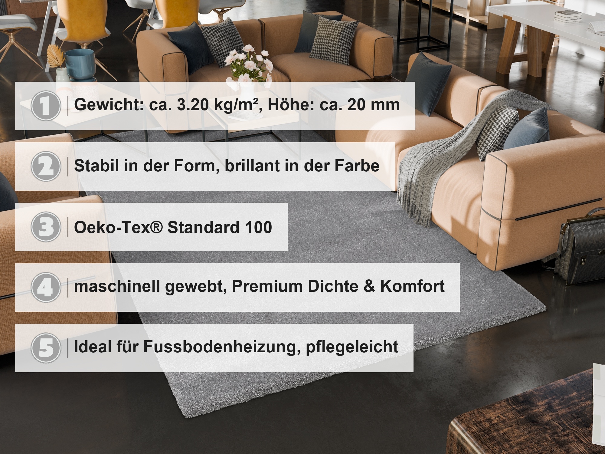 OCI DIE TEPPICHMARKE 1100000002199 »KOMFORT , auch als Läufer und in Rund« rechteckig 20 mm Höhe Uni - Hochflor, Langflor, Shaggy, maschinengewebt, robust