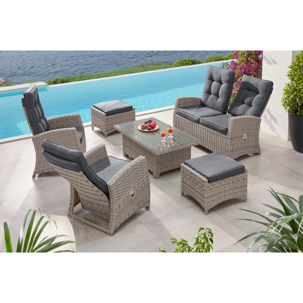 KONIFERA Gartenlounge-Set »Monaco«, (Set, 16 tlg., inkl. Auflagen, Alu, Polyrattan), höhenverstellbarer Tisch 43,5 - 66,5 cm