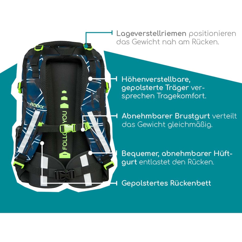 neoxx Schulrucksack »Active, Flash yourself«, reflektierende Details, aus recycelten PET-Flaschen