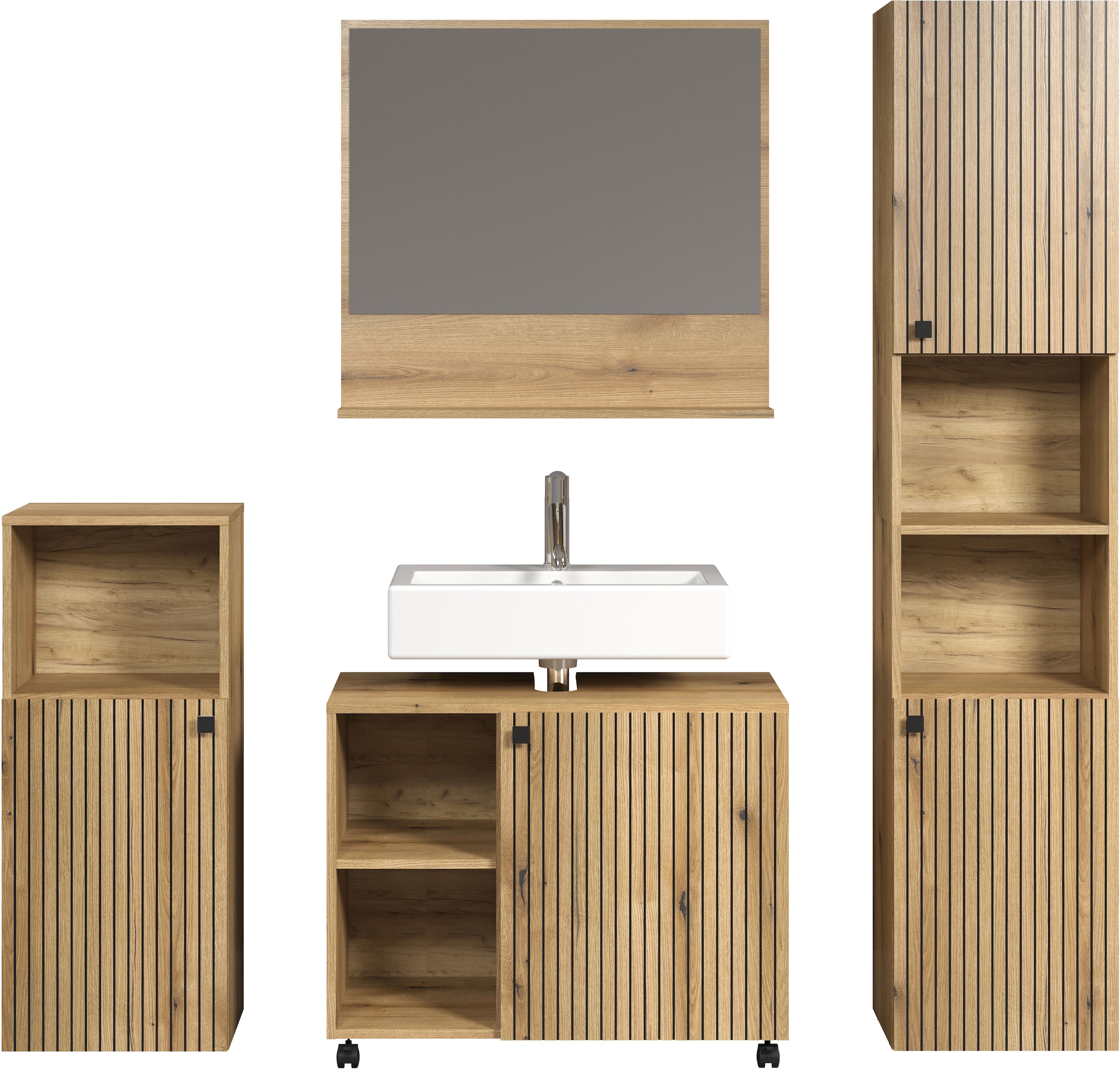 welltime Badmöbel-Set »Amrum«, (Komplett-Set, 4 St.), Badezimmermöbel mit Rillenoptik - Waschbeckenunterschrank auf Rollen