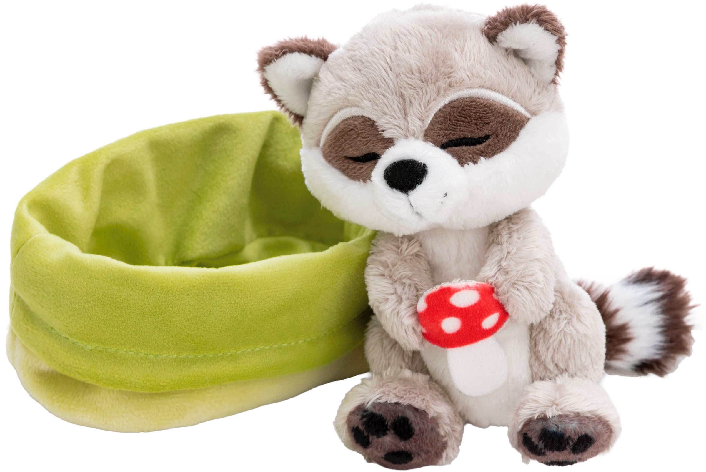 Nici Kuscheltier »Sleeping Pets, Waschbär mit Fliegenpilz schlafend im Körbchen«