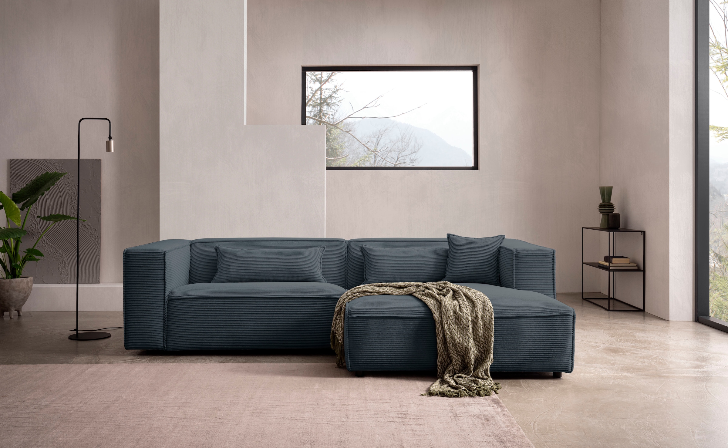 LeGer Home by Lena Gercke Ecksofa »PIARA mit Kedernaht in Cord oder Leinenoptik, moderne Couch in L-Form«, wahlweise Ottomane rechts/links, schwarze Füße, bequemer Sitzkomfort