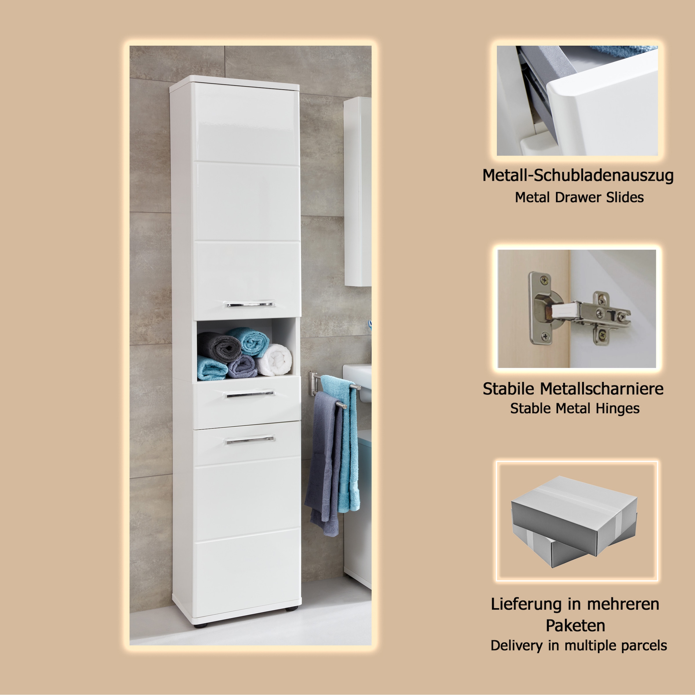 welltime Hochschrank »Mora« Hochschrank mit 2 Türen, 1 Schublade - (B/T/H) 37/34/189 cm