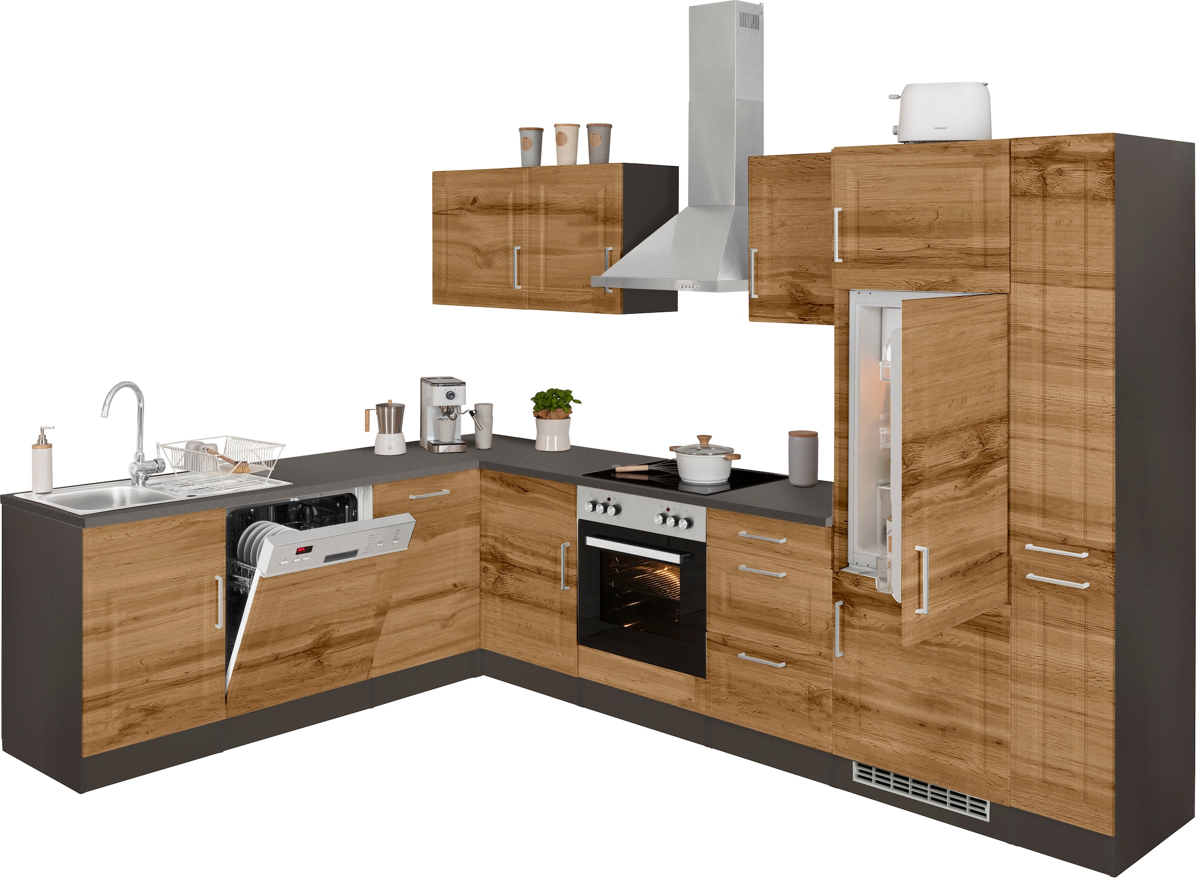 KOCHSTATION Winkelküche »KS-Stockholm«, Stellbreite 220/310 cm, mit hochwertigen MDF Fronten im Landhaus-Stil