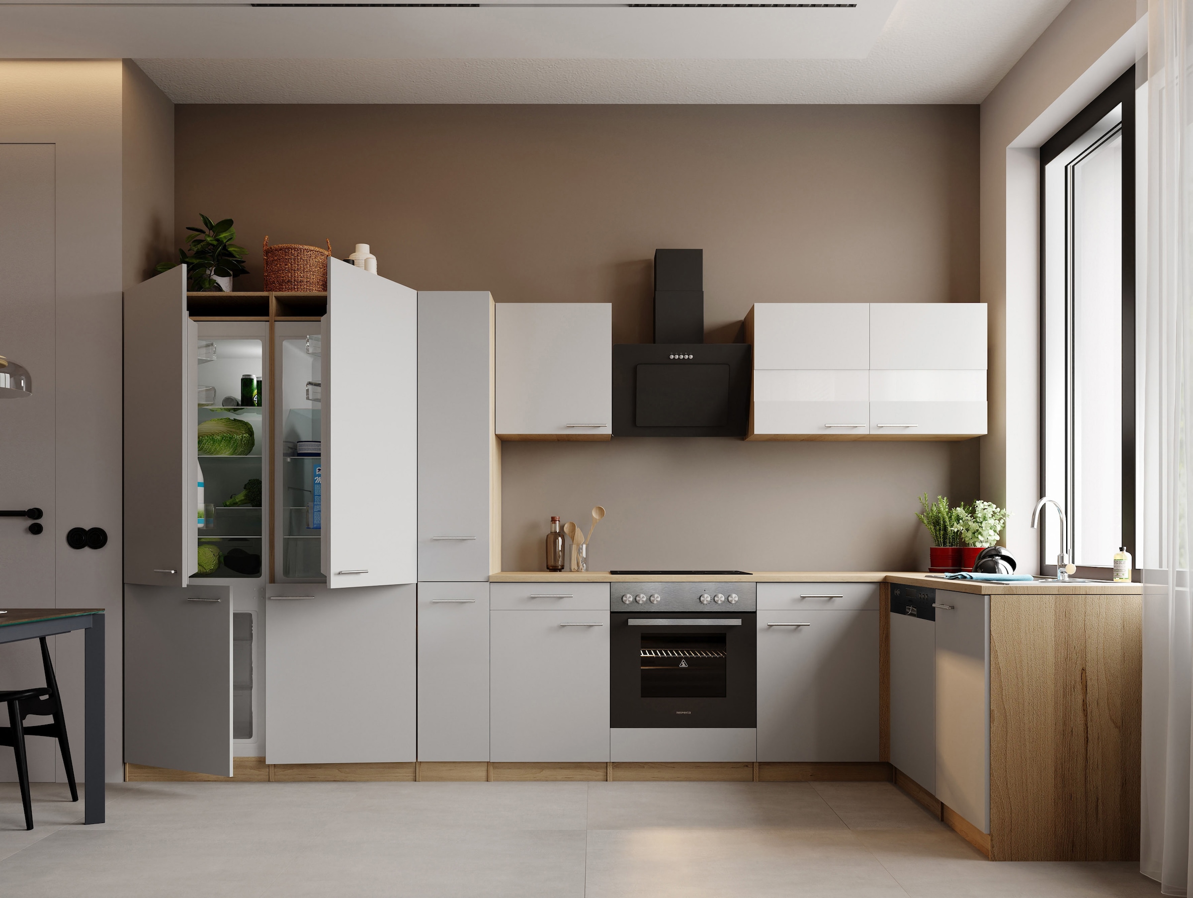 RESPEKTA Winkelküche »Merle« Winkelküche Merle, Breite 340 cm, Soft Close, French-Door-Design