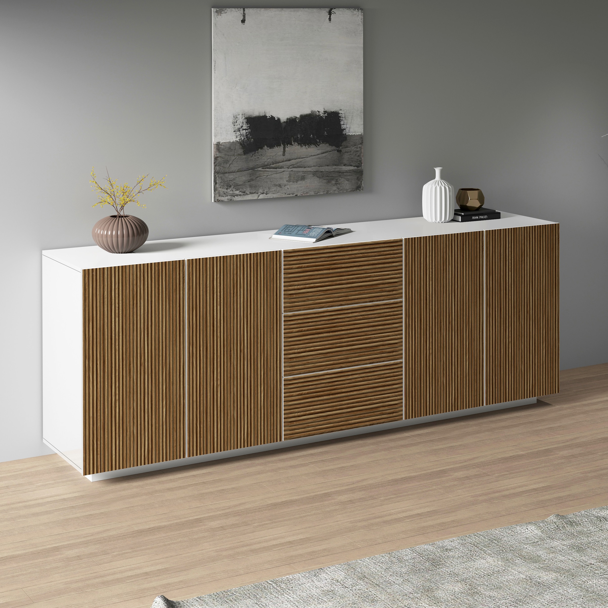 INOSIGN Sideboard »Vega Sideboard,Kommode,220 cm« mit 4 Türen und 3 Schubladen,Fronten mit Rillen-Optik