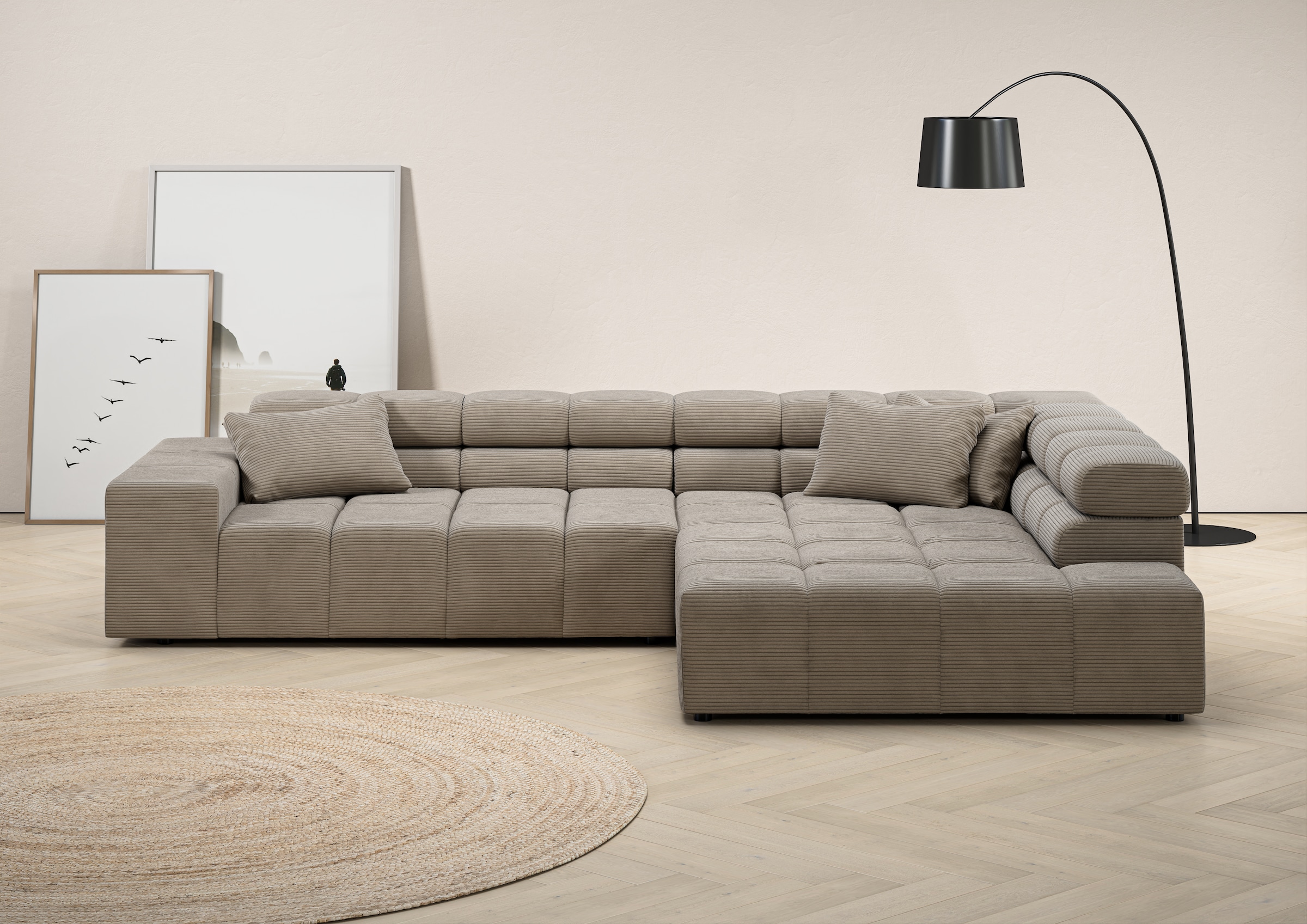 INOSIGN Ecksofa »Ancona incl. Kopfteilverstellung, Zierkissen Breite 319cm, L-Form«, wahlweise motorische Sitztiefenverstellung, auch in Cord + Easy Care