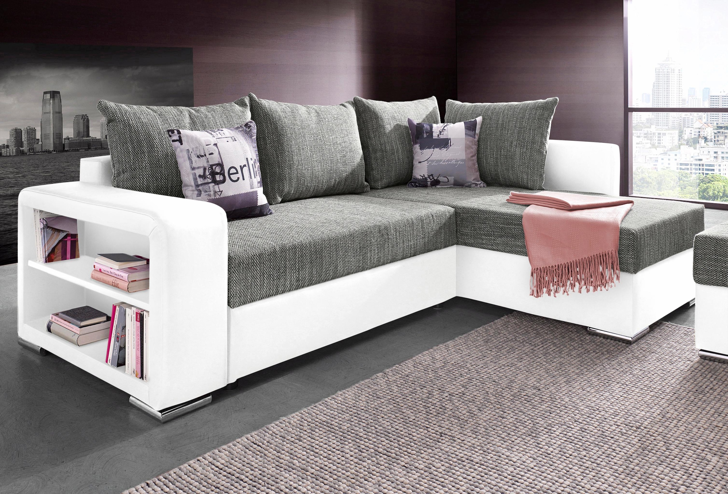 COLLECTION AB Ecksofa »John L-Form«, mit Bettfunktion, Bettkasten und integriertem Regal