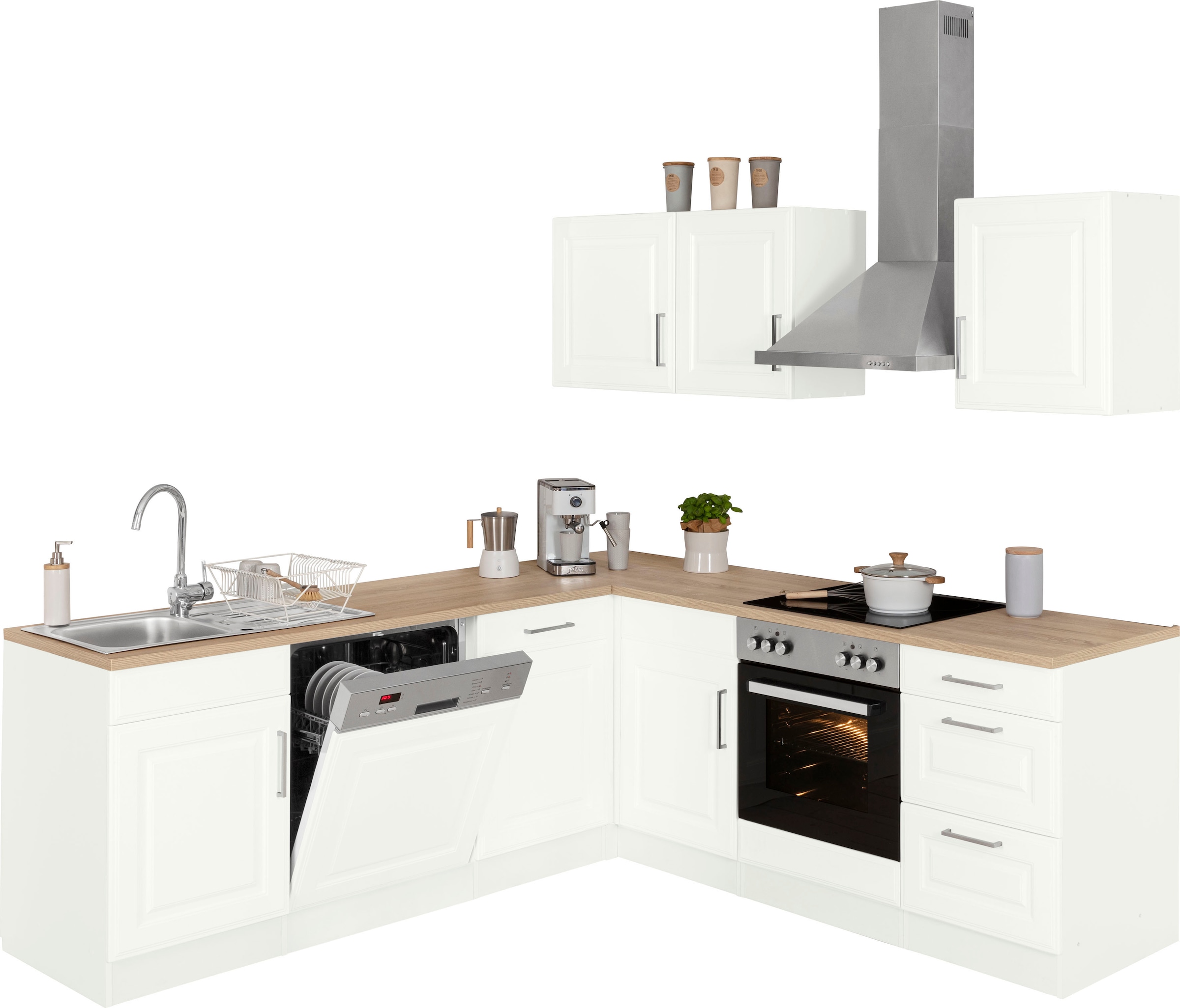 KOCHSTATION Winkelküche »KS-Stockholm – Küche mit hochwertiger und detailreicher Landhausfront« Stellbreite 220x220 cm, wahlweise mit E-Geräten, MDF-Fronten