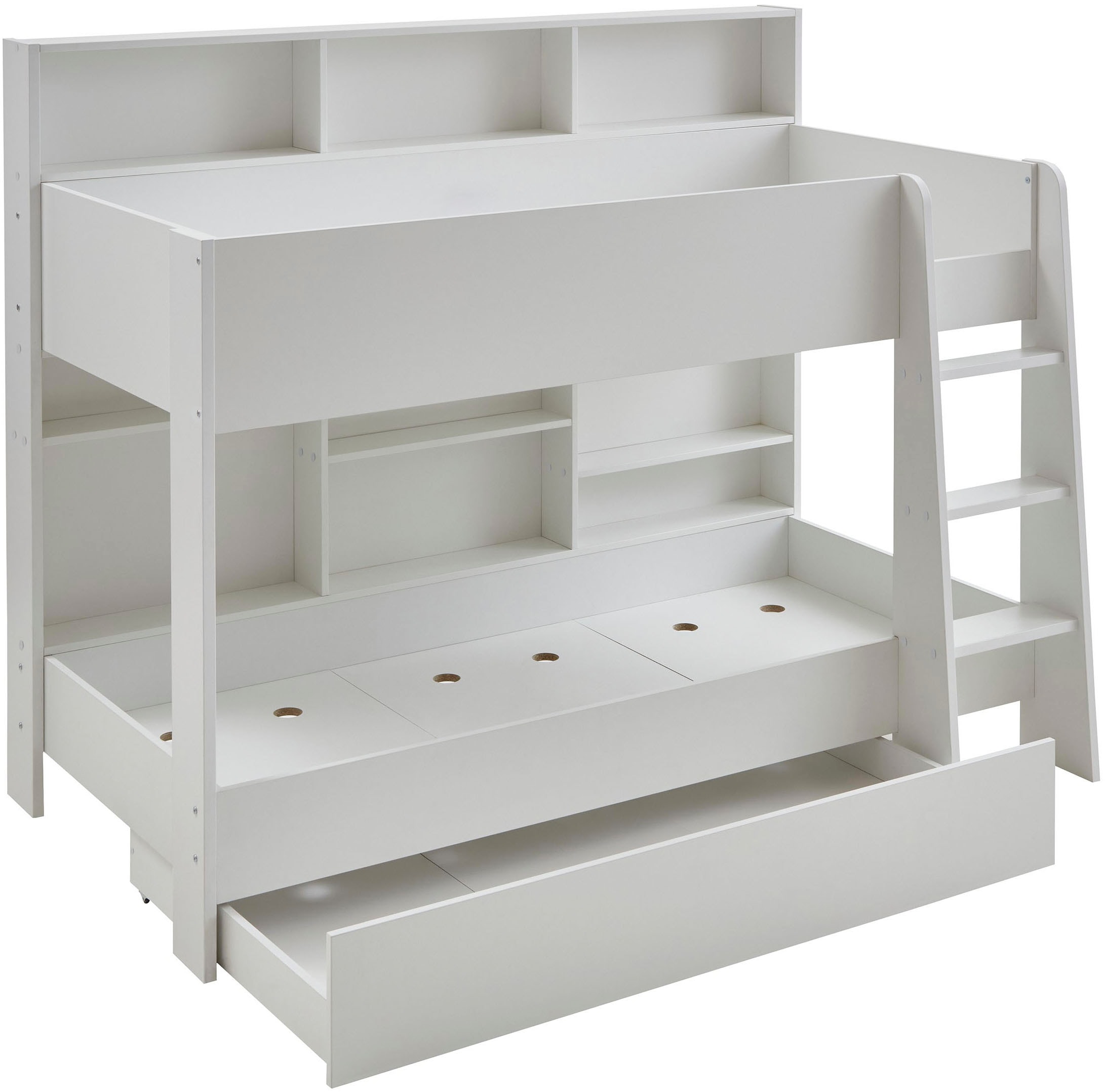 Relita Etagenbett »Sely, viel Funktion auf kleinem Raum, 2 Liegeflächen, modernes Design« viele Regalfächer an der Bettrückseite, inkl. Schublade auf Rollen,  viel Stauraum, pflegeleichte Melamin Oberfläche, 3 Farben zur Wahl
