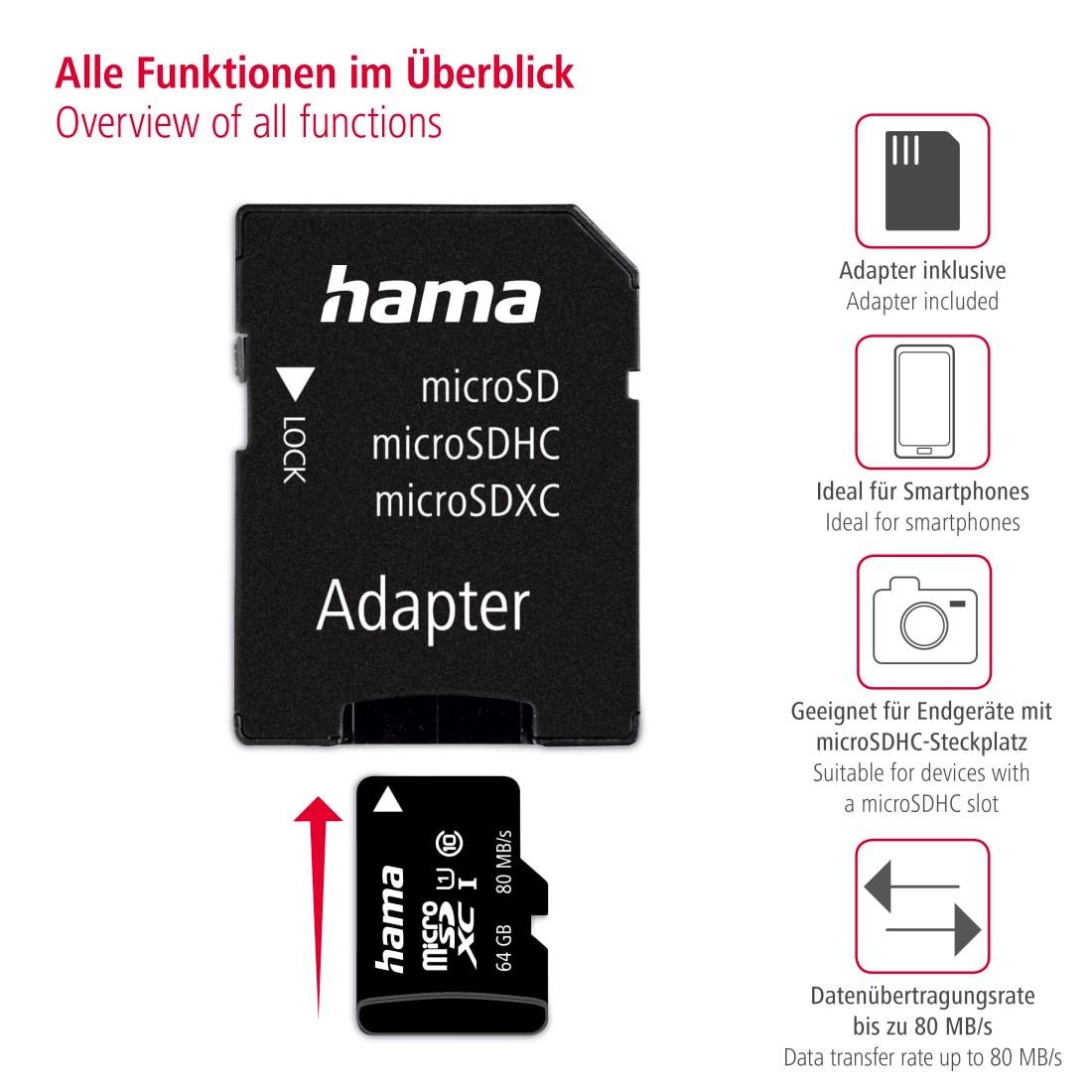 Hama Speicherkarte »microSD Karte, Memory Fast, + Adapter/Mobile, Class 10 UHS-I 80MB/s«, (UHS-I Class 10 80 MB/s Lesegeschwindigkeit)