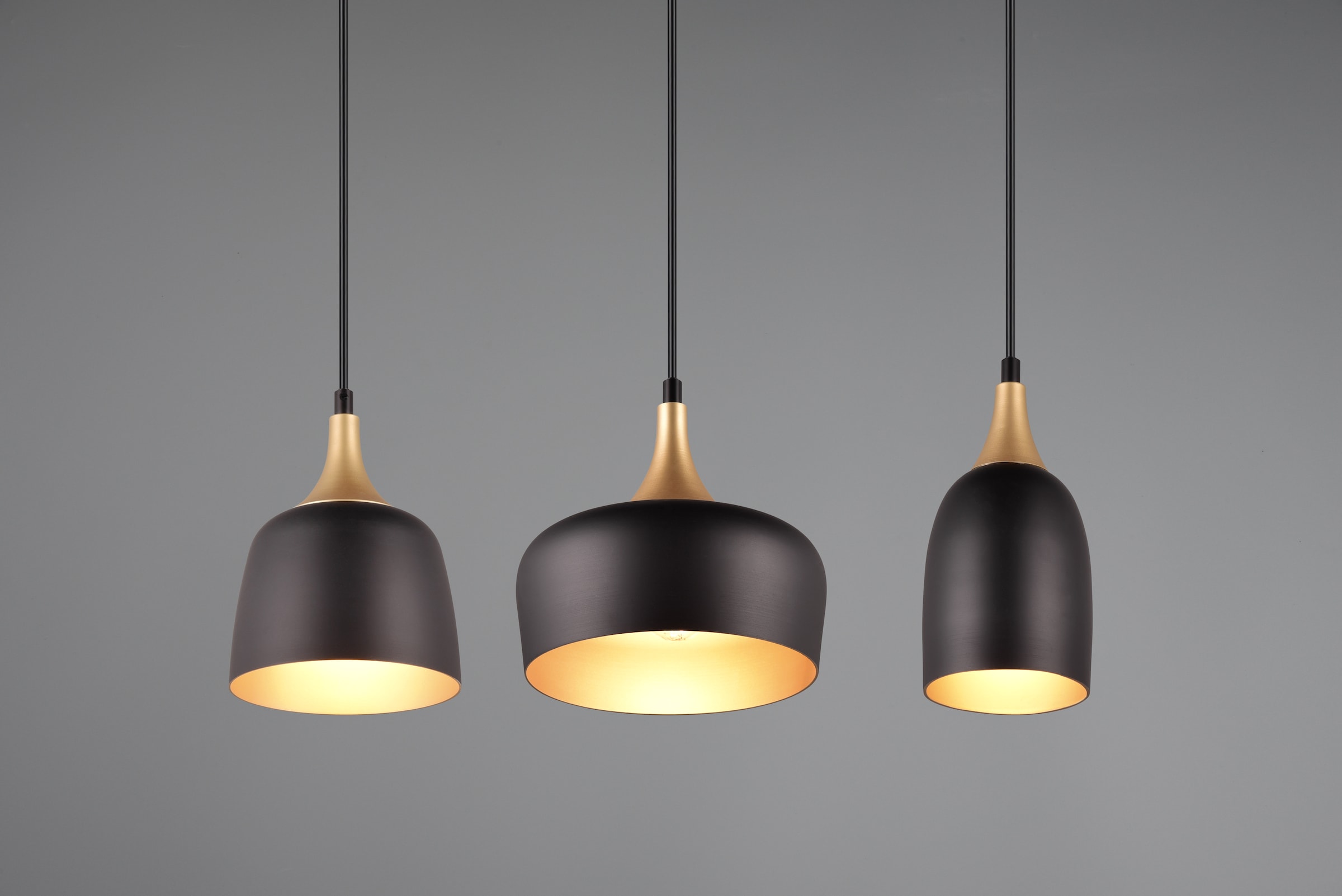 TRIO Leuchten Pendelleuchte »CHIRAZ, Hängeleuchte 3-flammig schwarz messing gold max 150cm Höhe«, 3 flammig, Leuchtmittel E14 | Leuchtmittel wechselbar, Hängelampe exkl 3x E14 max 25W, Industrie Loft Stil 3 Schirmformen