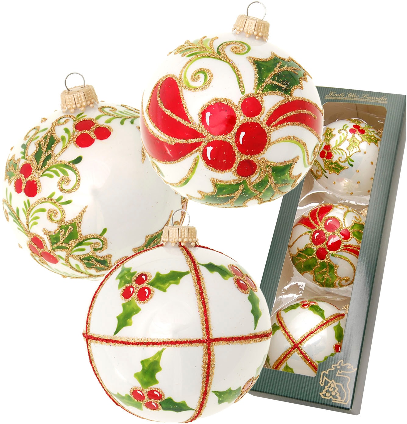Weihnachtsbaumkugel »Stechpalme, mundgeblasen und handbemalt«, (Set, 3 St.),...