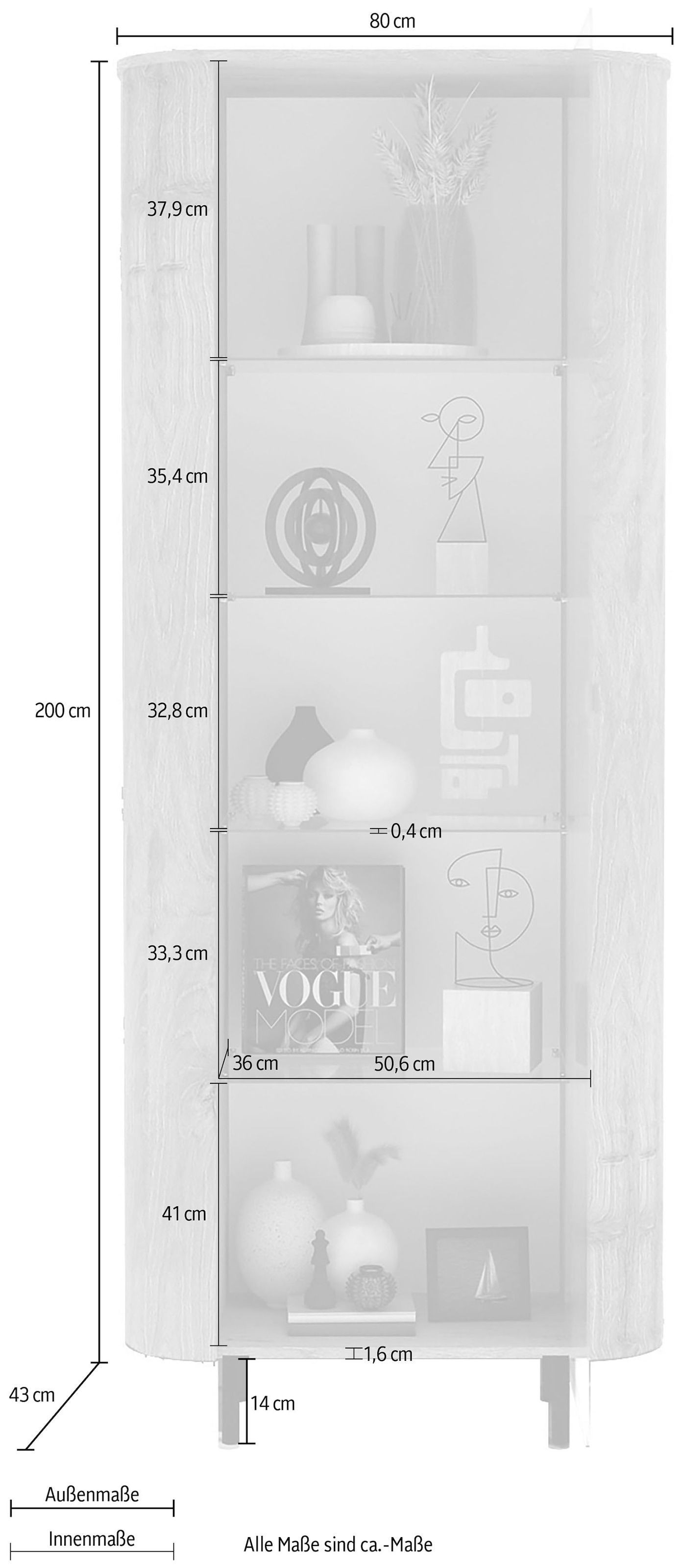 Home affaire Vitrine »Murano, Standvitrine H 200 cm, B 80 cm, 1 Tür, Vitrinenschrank« Formgebogenes MDF, Stirnseiten mit Rundung, Metallfüße, stilvoll
