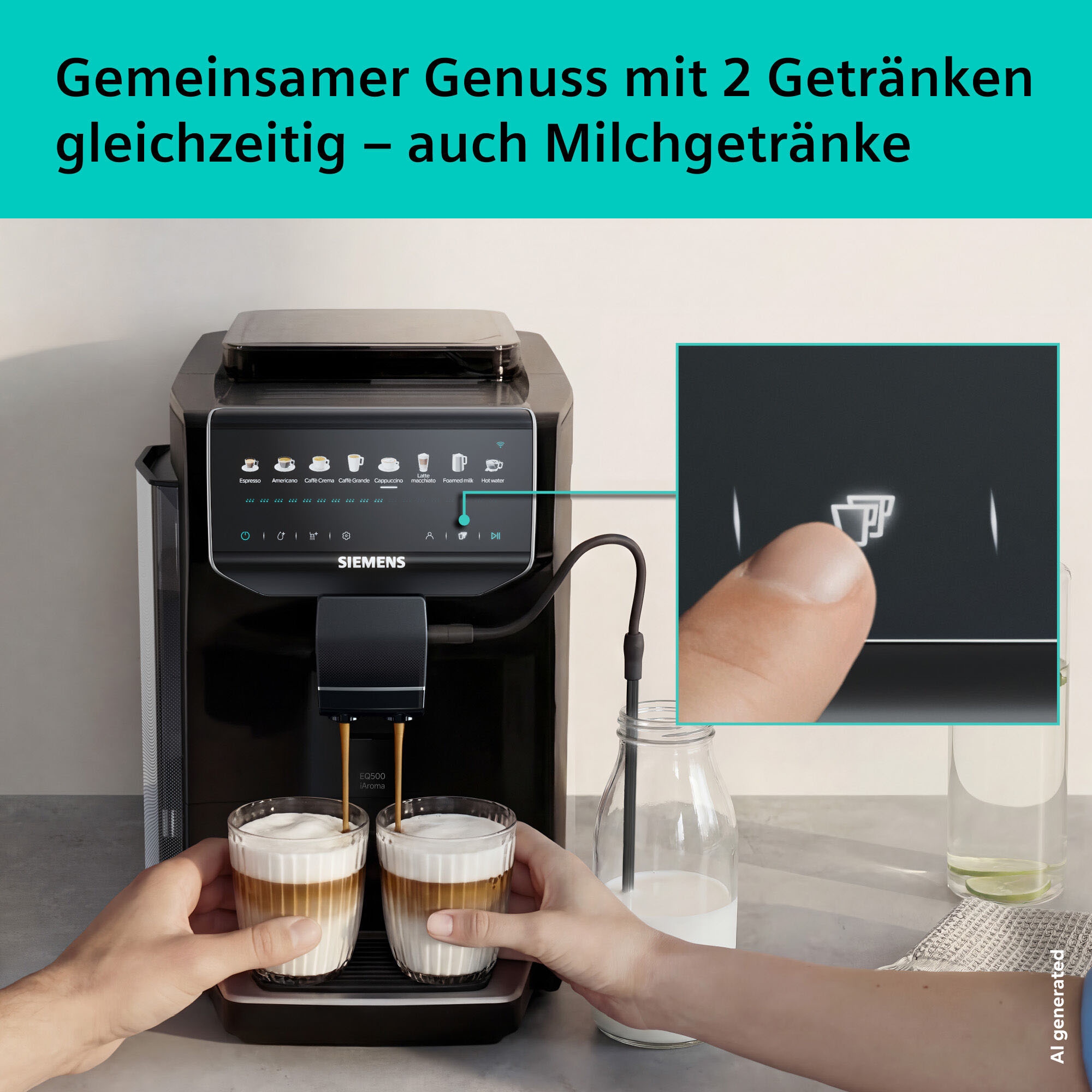 SIEMENS Kaffeevollautomat »EQ500 TP553E09, Doppeltassenfunktion, 8 Getränke, einfache Reinigung« Keramikmahlwerk, entnehmbare Brüheinheit, Steuerung per App, Schwarz