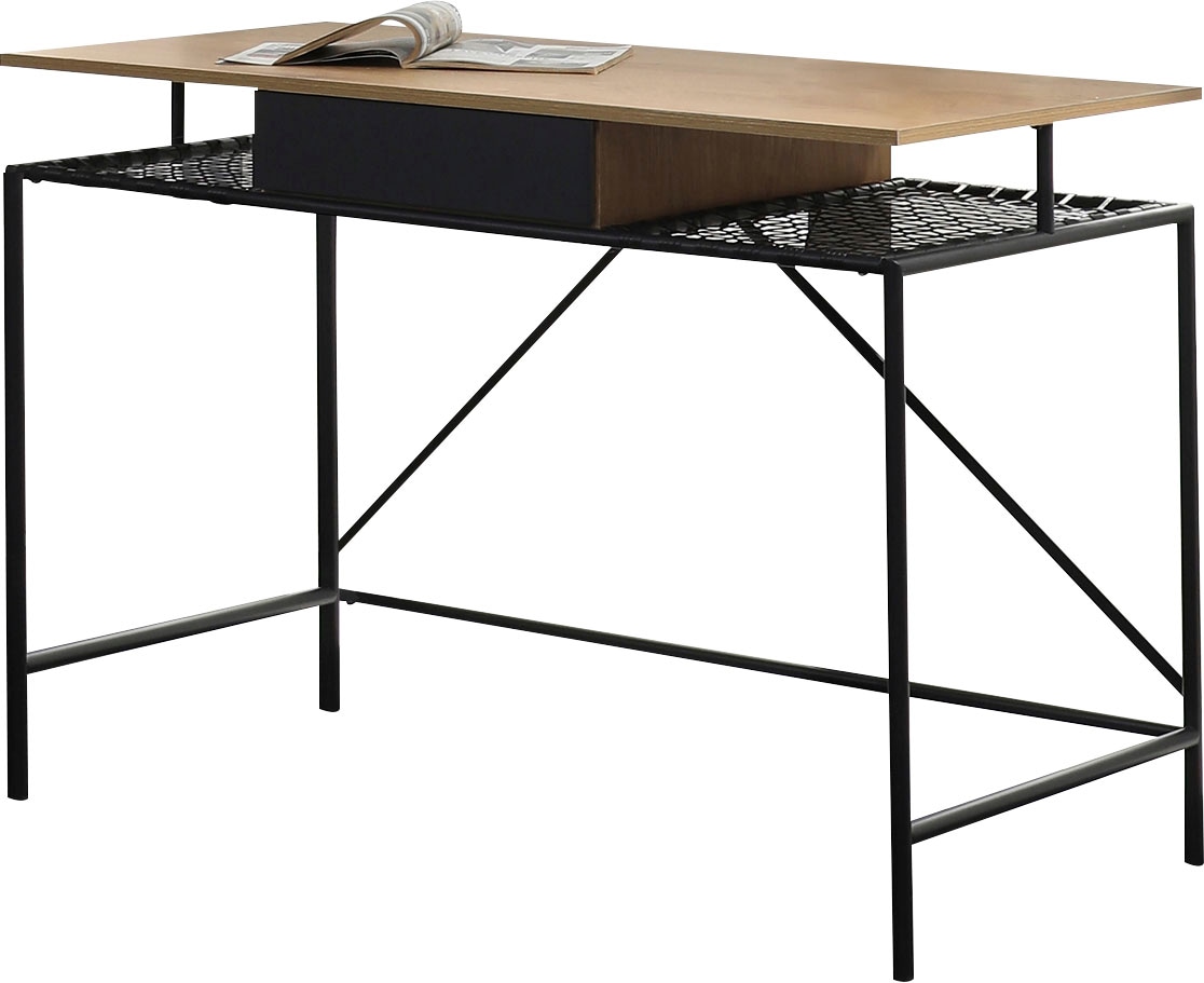 SalesFever Schreibtisch, Ablagefläche aus Metallrahmen und Polyrattan in Geflechtoptik