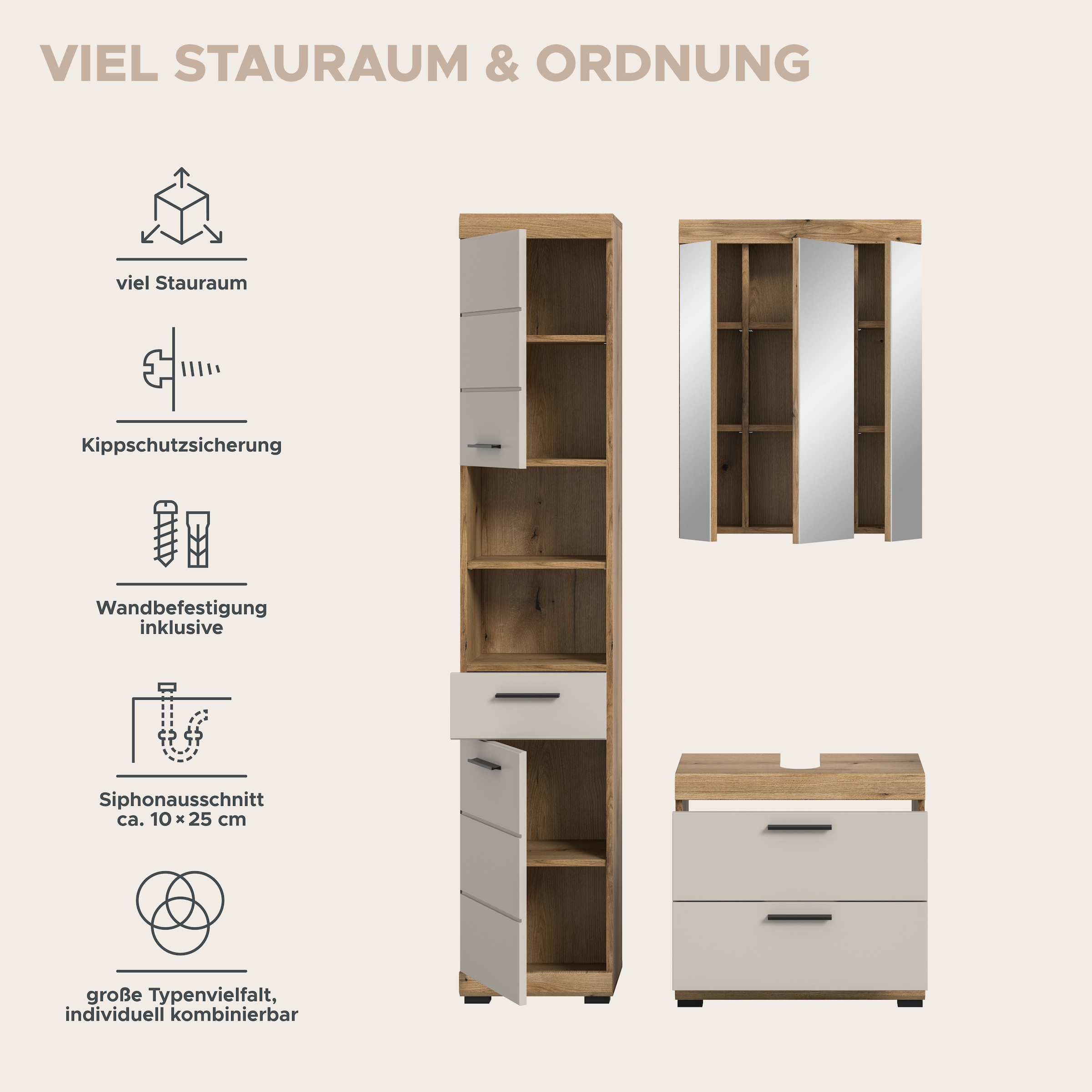 welltime Badmöbel-Set »SIENA, 3 teilig, bestehend aus:« Set, TOPSELLER!, 3 Stk. tlg.