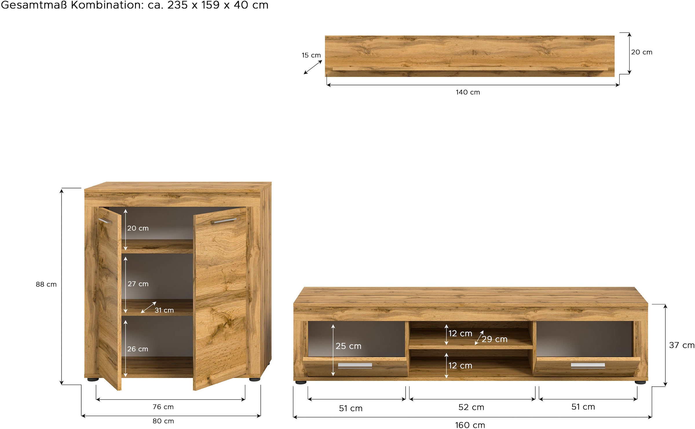 Home affaire Wohnwand »Aosta, Breite 255cm, bestehend aus Highboard, Lowboard, Wandboard« 3 Stk. tlg.